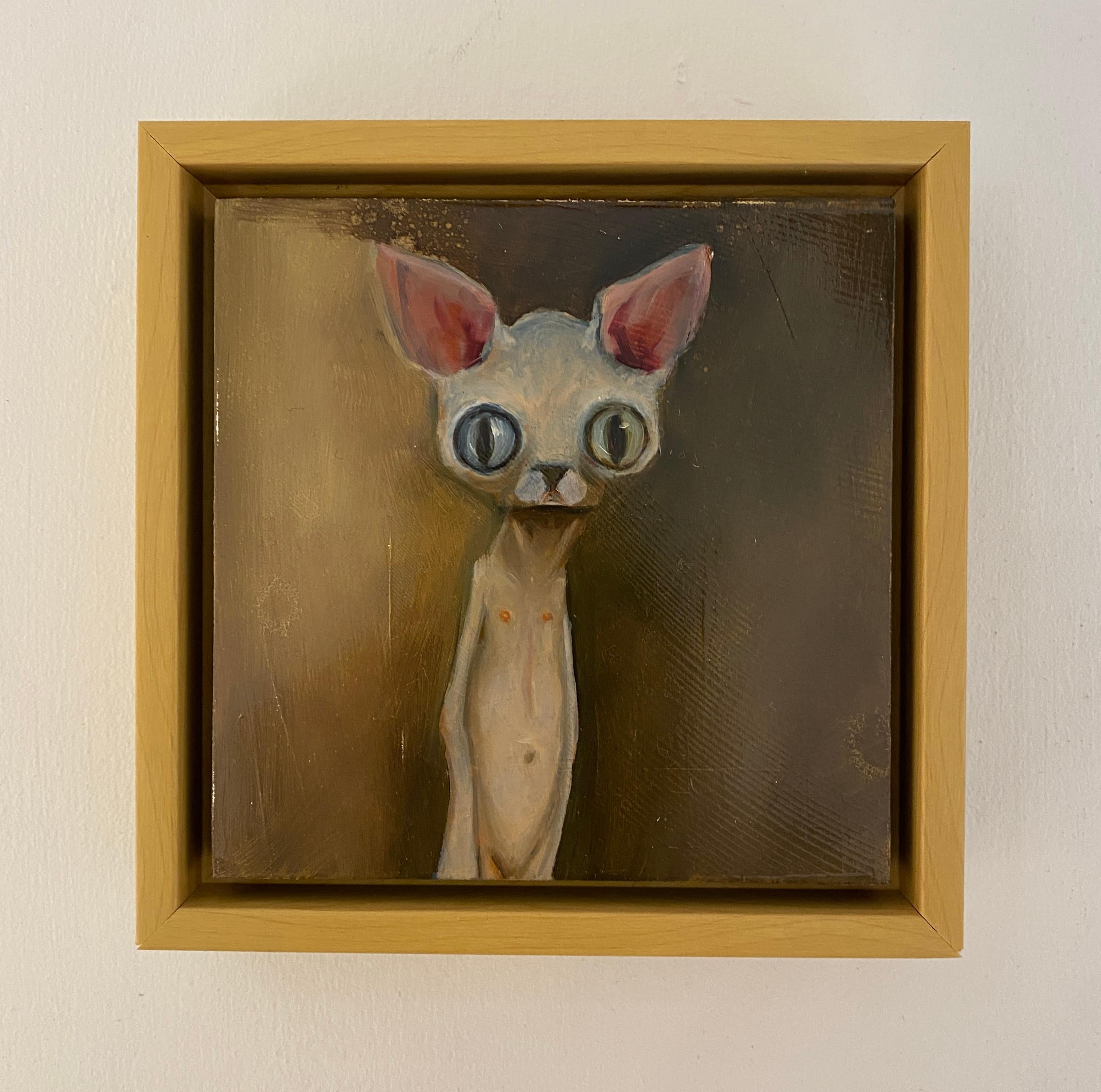 Jenny - Skurriles Katzenporträt mit großen Augen, surreale figurative Kunst im Angebot 7