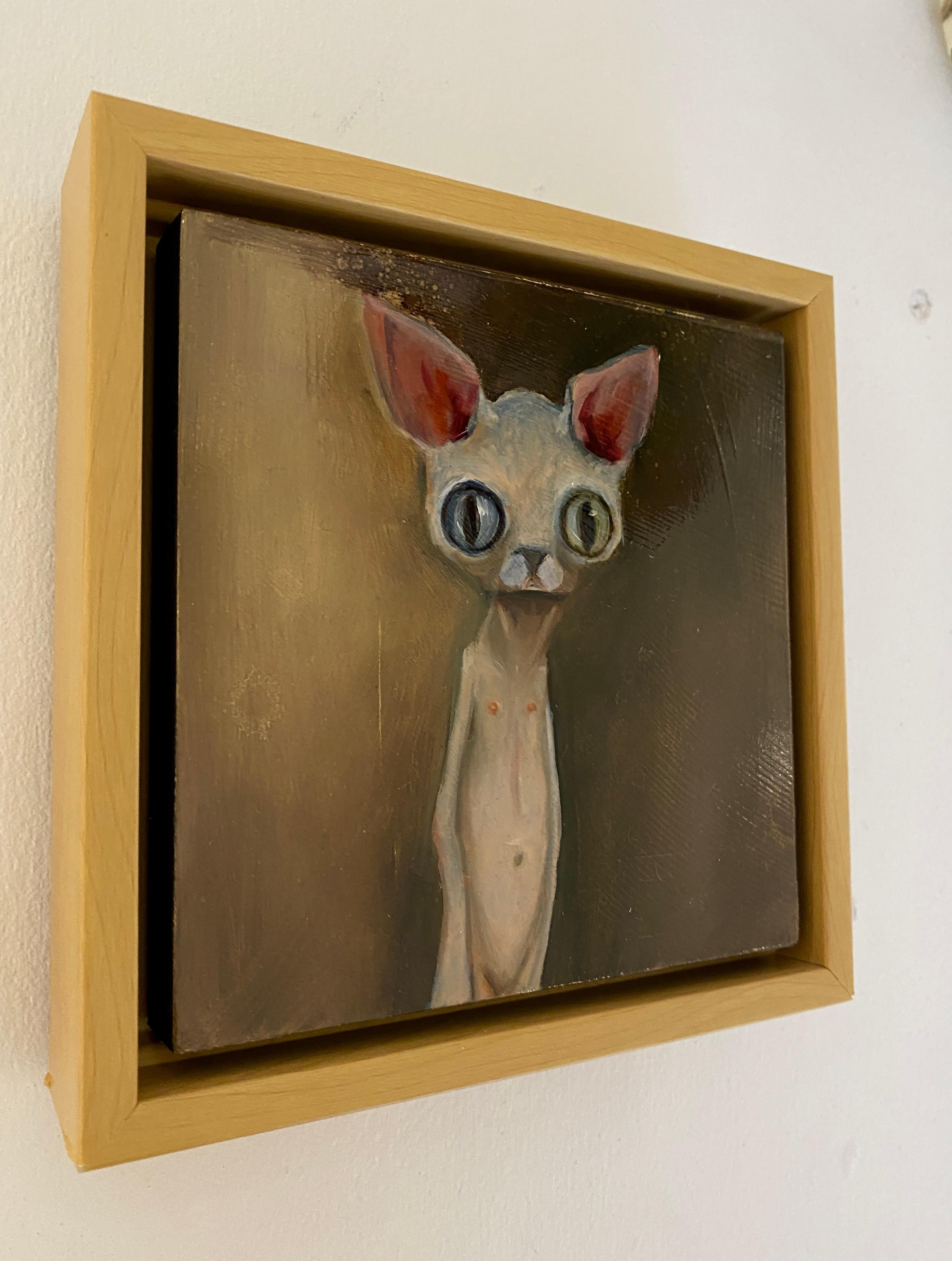 Jenny - Skurriles Katzenporträt mit großen Augen, surreale figurative Kunst im Angebot 8