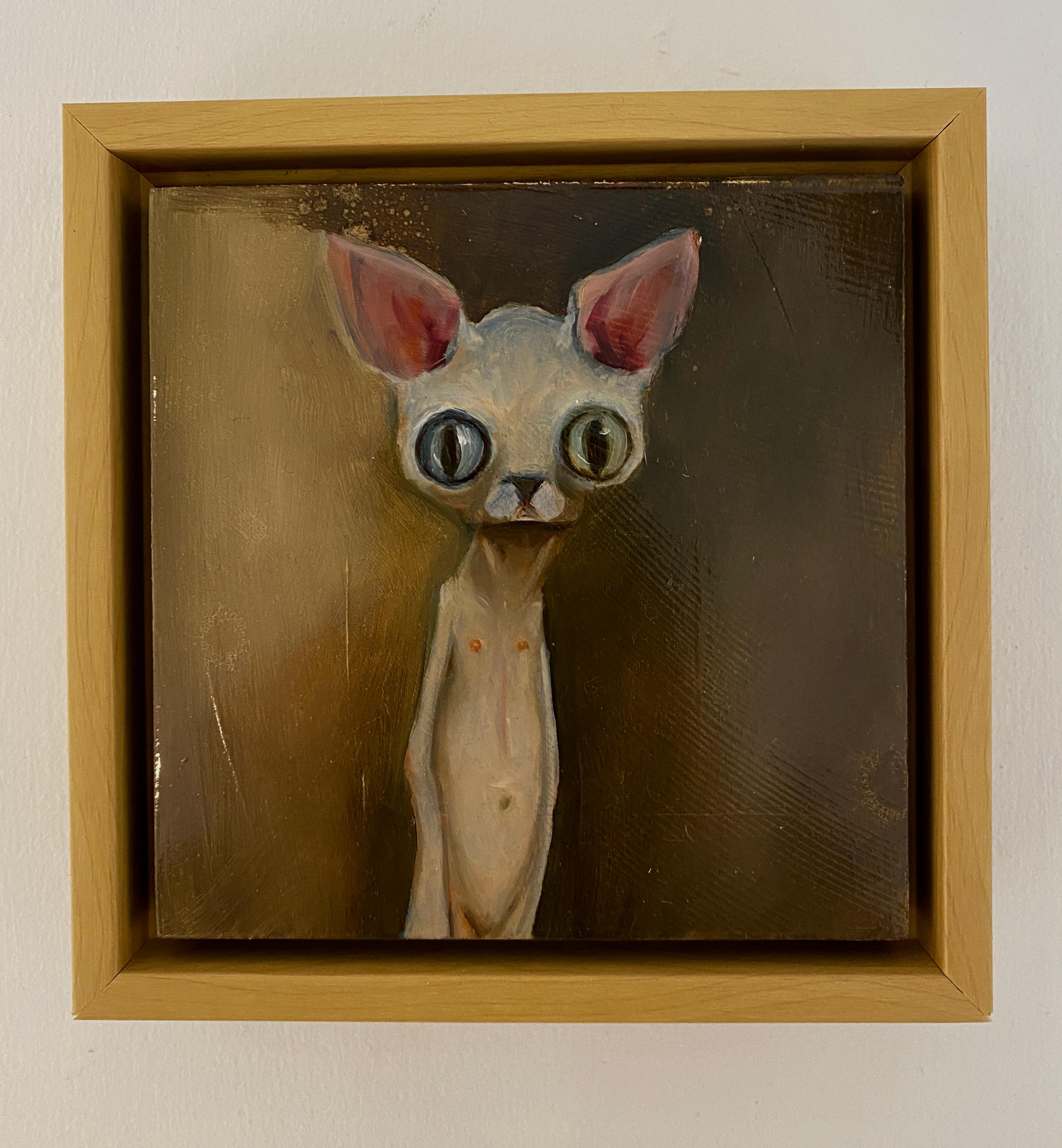 Jenny - Skurriles Katzenporträt mit großen Augen, surreale figurative Kunst – Painting von Michele Mikesell