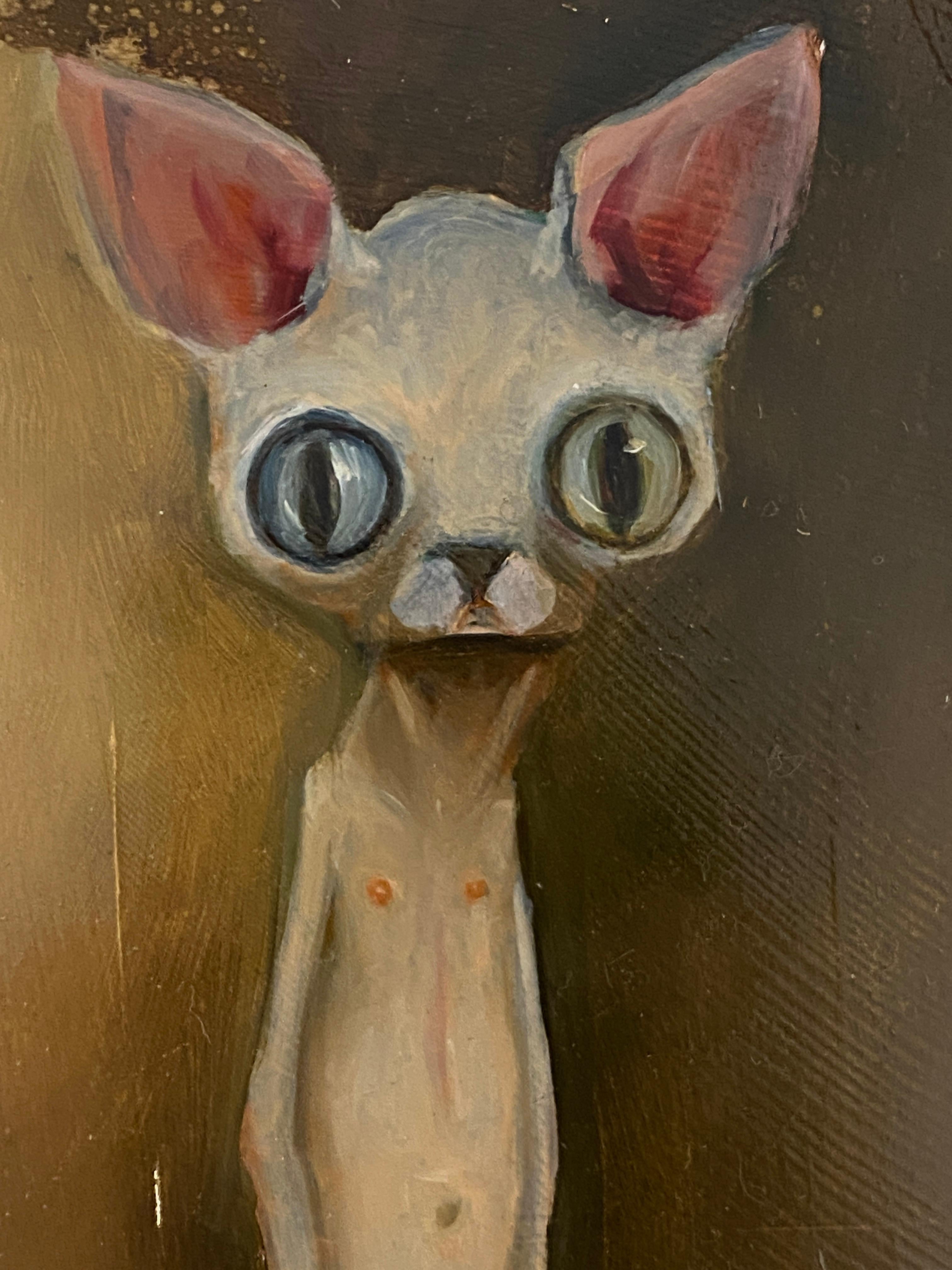 Jenny - Skurriles Katzenporträt mit großen Augen, surreale figurative Kunst (Zeitgenössisch), Painting, von Michele Mikesell