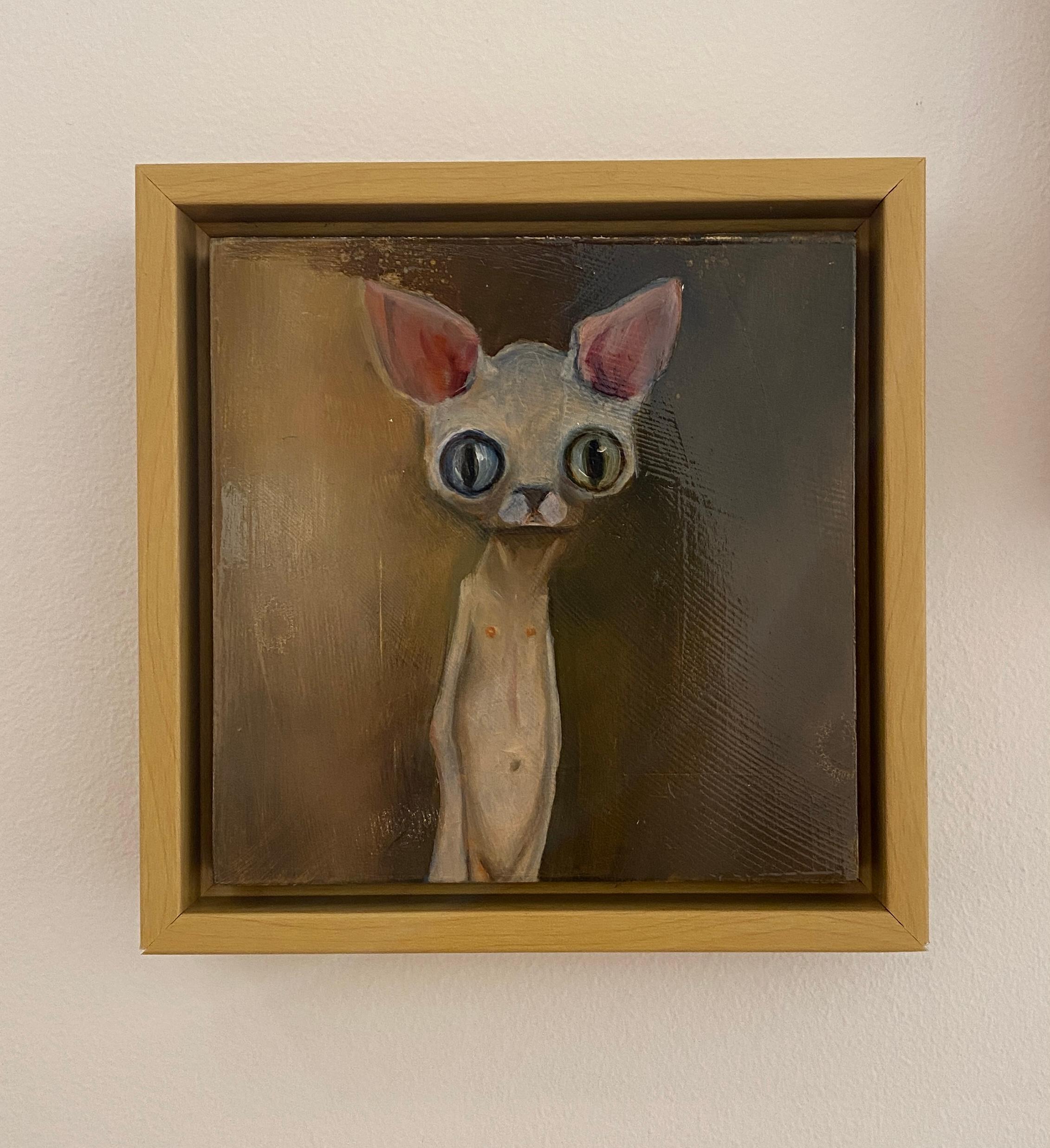 Jenny - Skurriles Katzenporträt mit großen Augen, surreale figurative Kunst im Angebot 3
