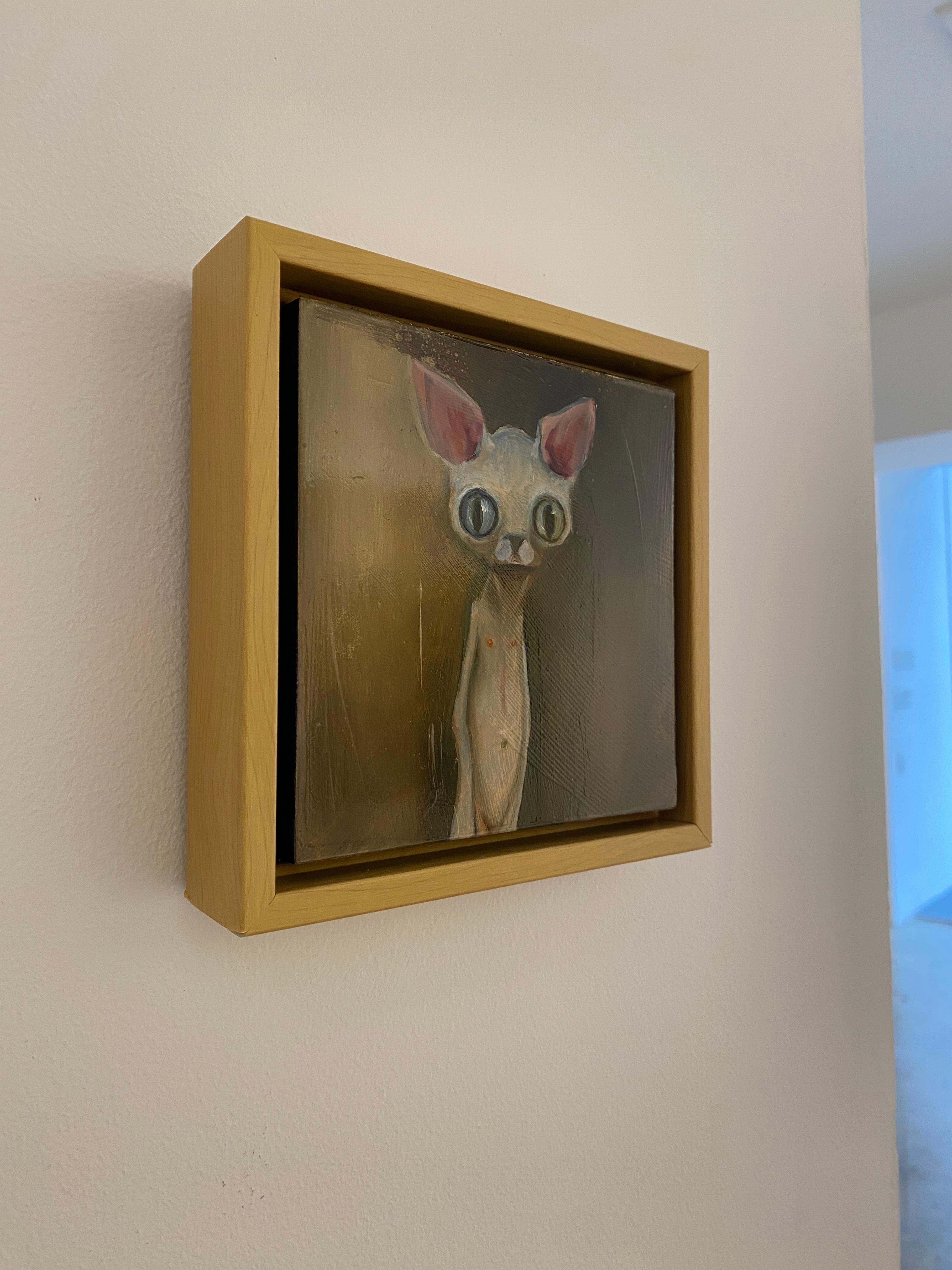 Jenny - Skurriles Katzenporträt mit großen Augen, surreale figurative Kunst im Angebot 4