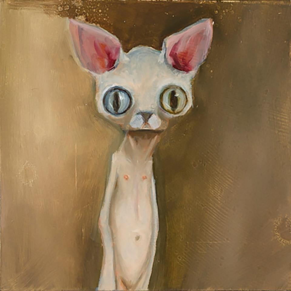 Jenny - Skurriles Katzenporträt mit großen Augen, surreale figurative Kunst