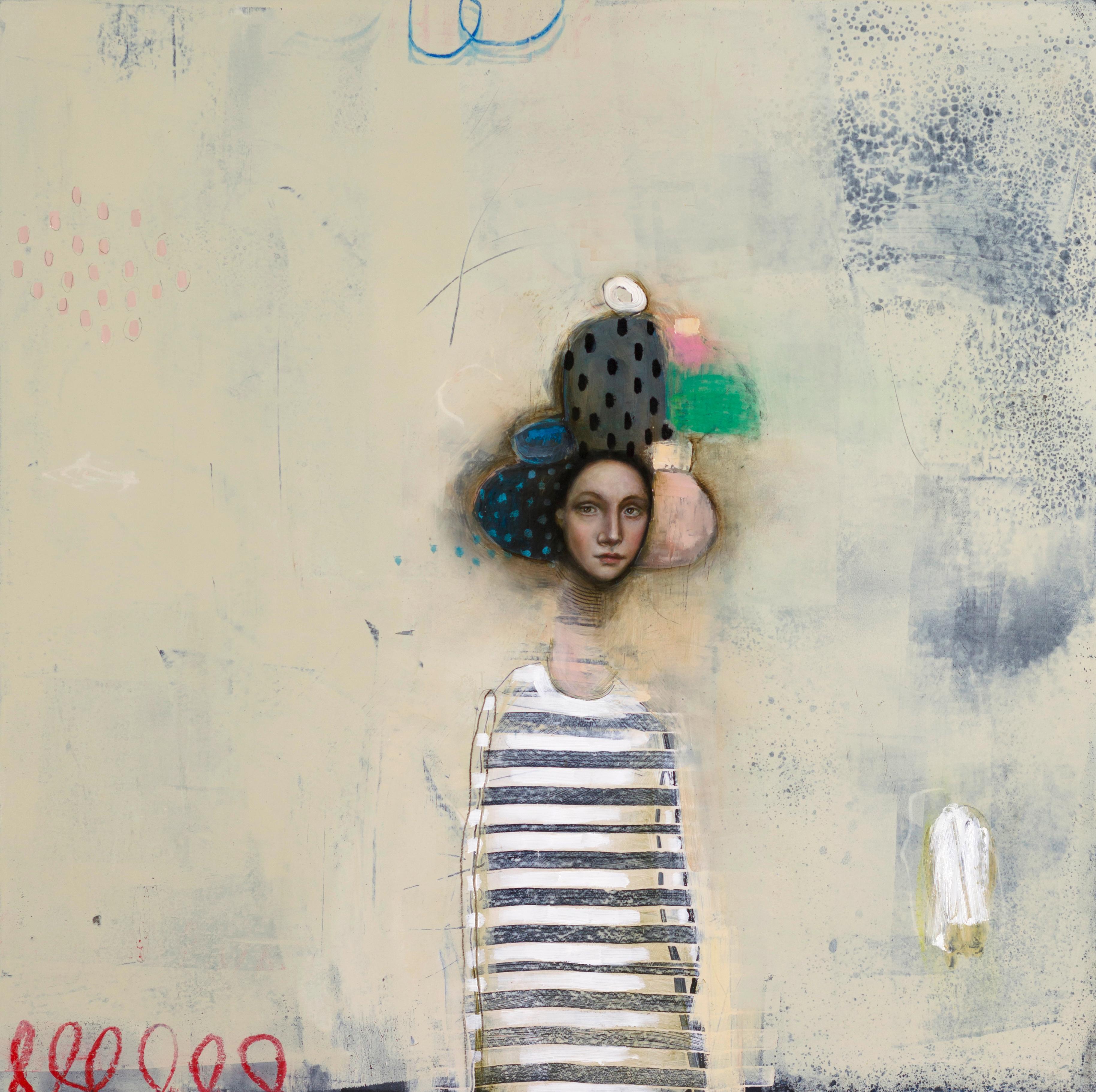 Portrait Painting Michele Mikesell - Juno, huile sur toile, portrait pop art figuratif Masterly, palette de couleurs pastel