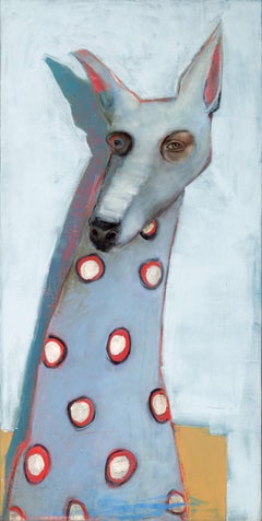 Laelaps, Oil on canvas, whimsical pop Dog with blue background and red spots