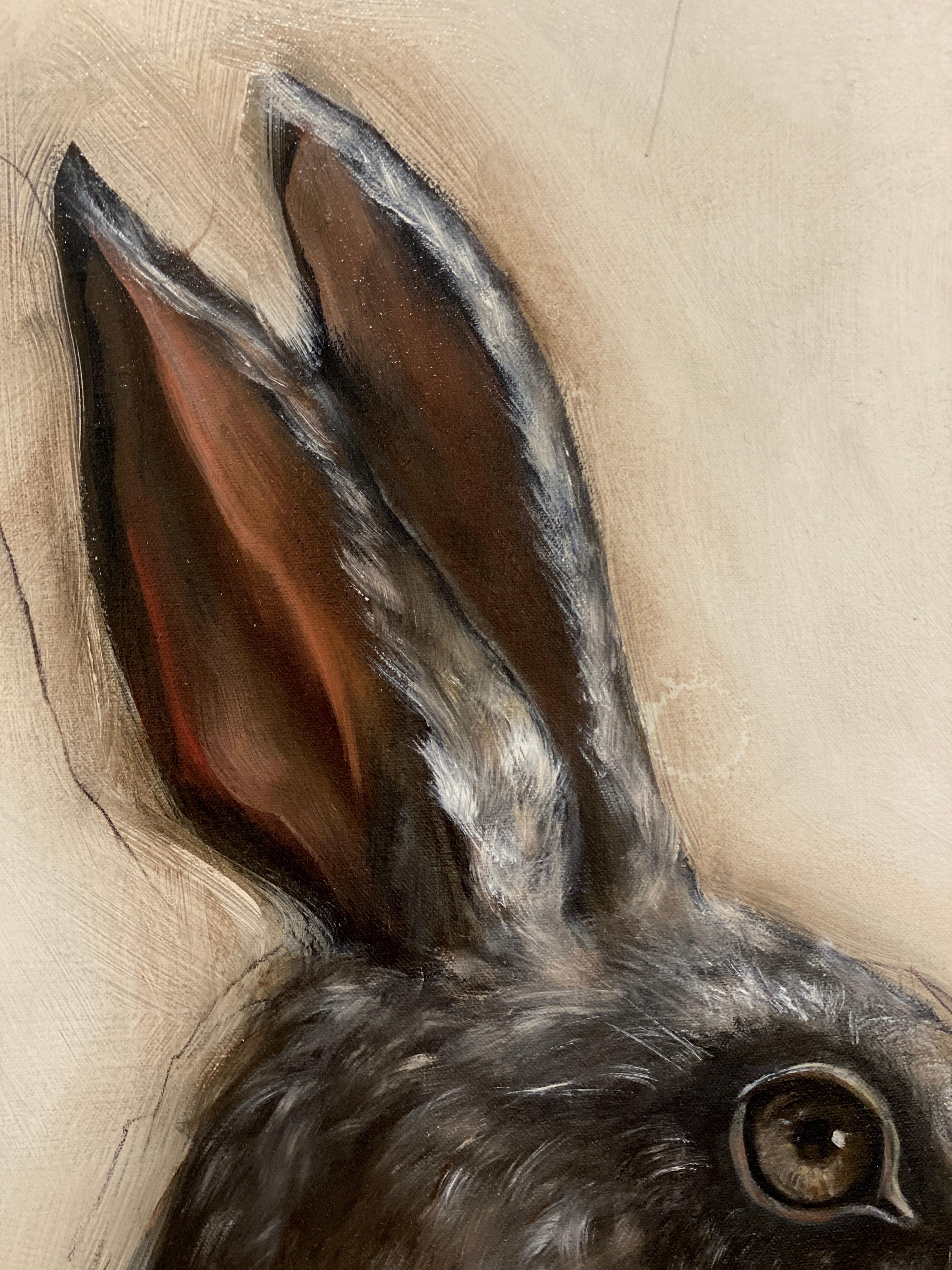 Moon Rabbit - Realist Animal Portrait of Hare with patterns and colored dots For Sale 7
