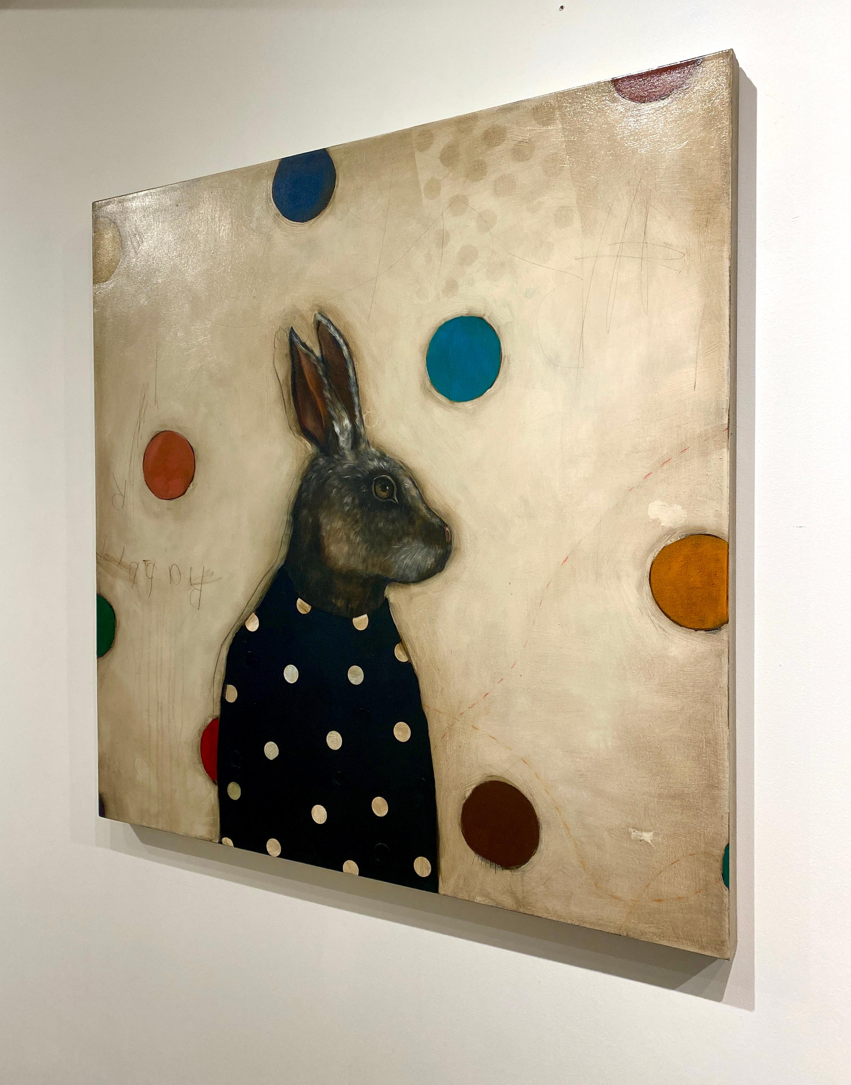 Moon Rabbit - Realist Animal Portrait of Hare with patterns and colored dots For Sale 9