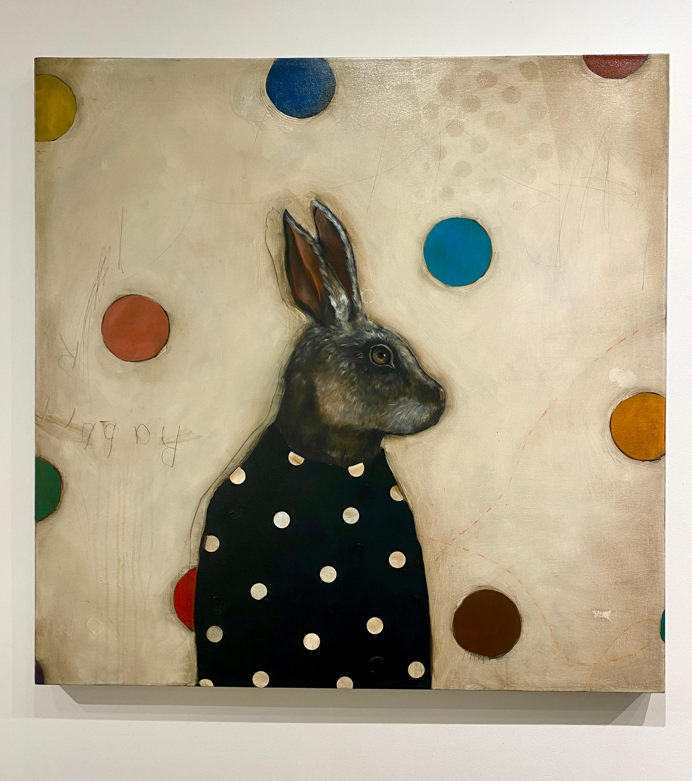 Moon Rabbit - Realist Animal Portrait of Hare with patterns and colored dots For Sale 10