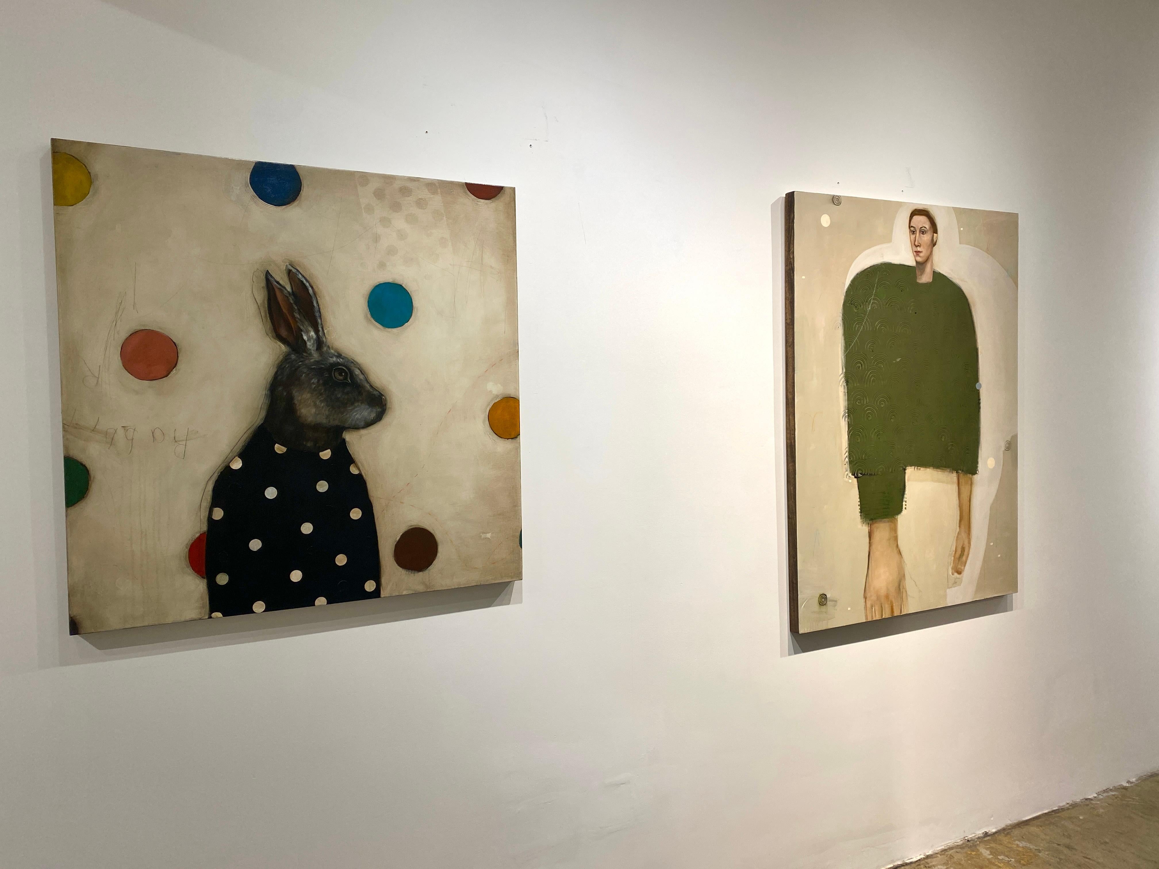 Moon Rabbit - Realist Animal Portrait of Hare with patterns and colored dots For Sale 11