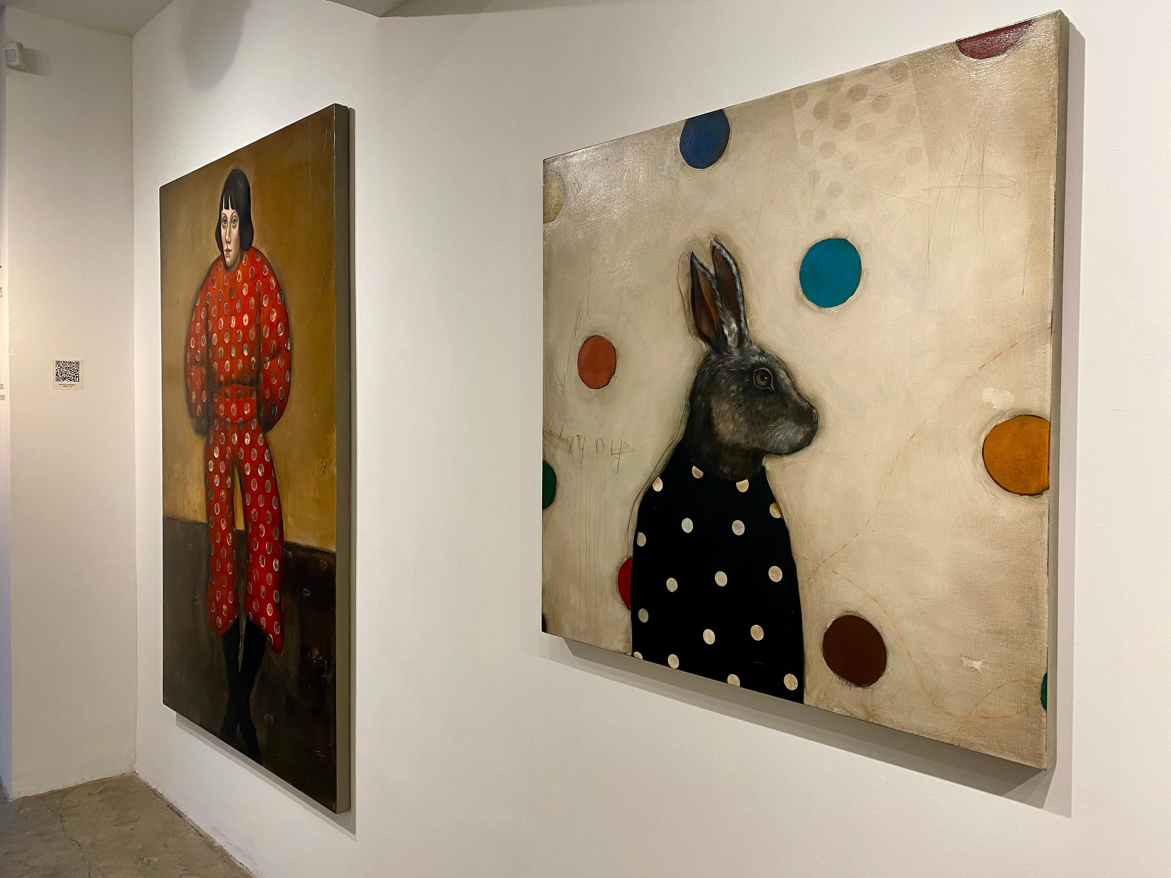 Moon Rabbit - Realist Animal Portrait of Hare with patterns and colored dots For Sale 12