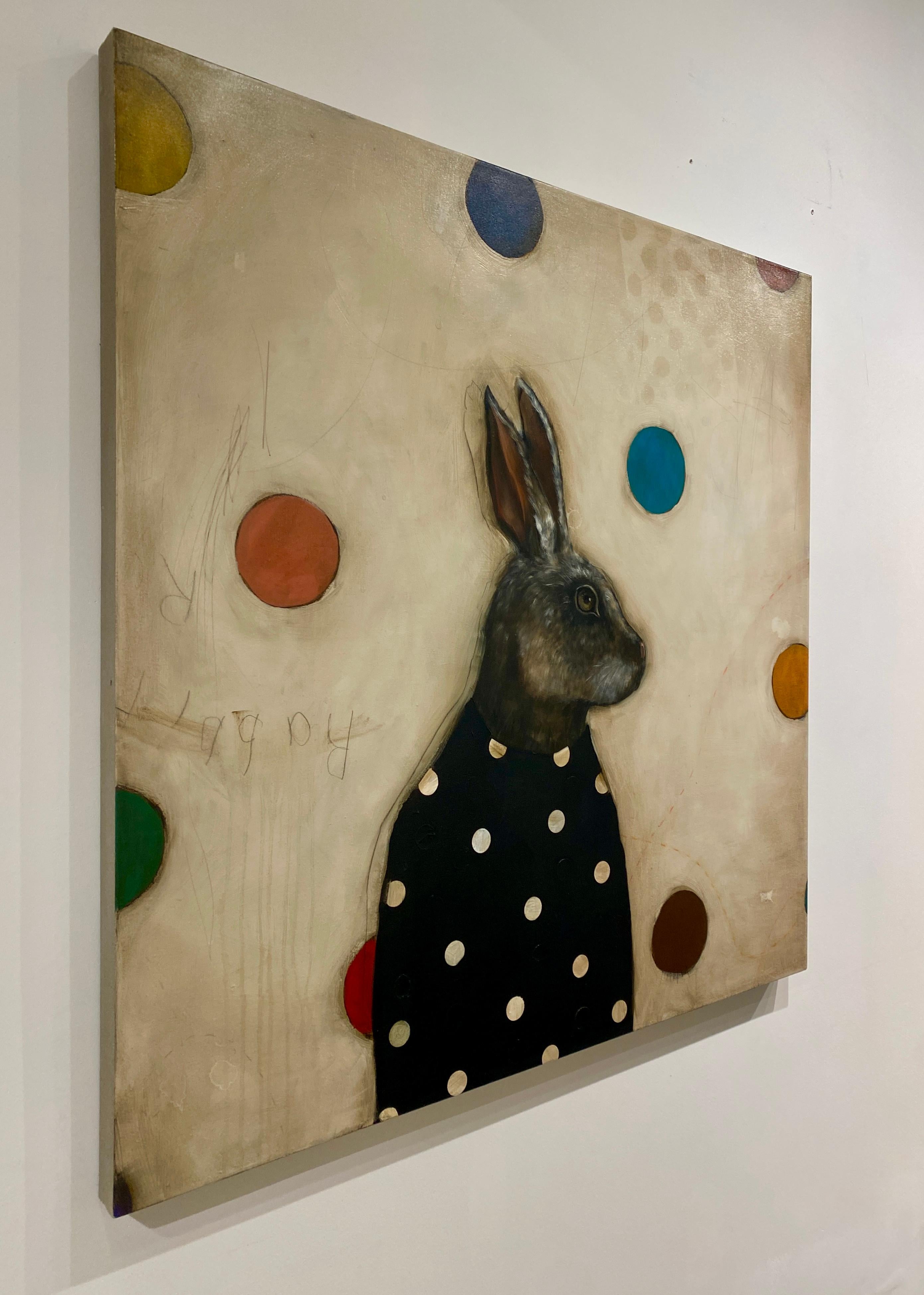 Moon Rabbit - Realist Animal Portrait of Hare with patterns and colored dots For Sale 13