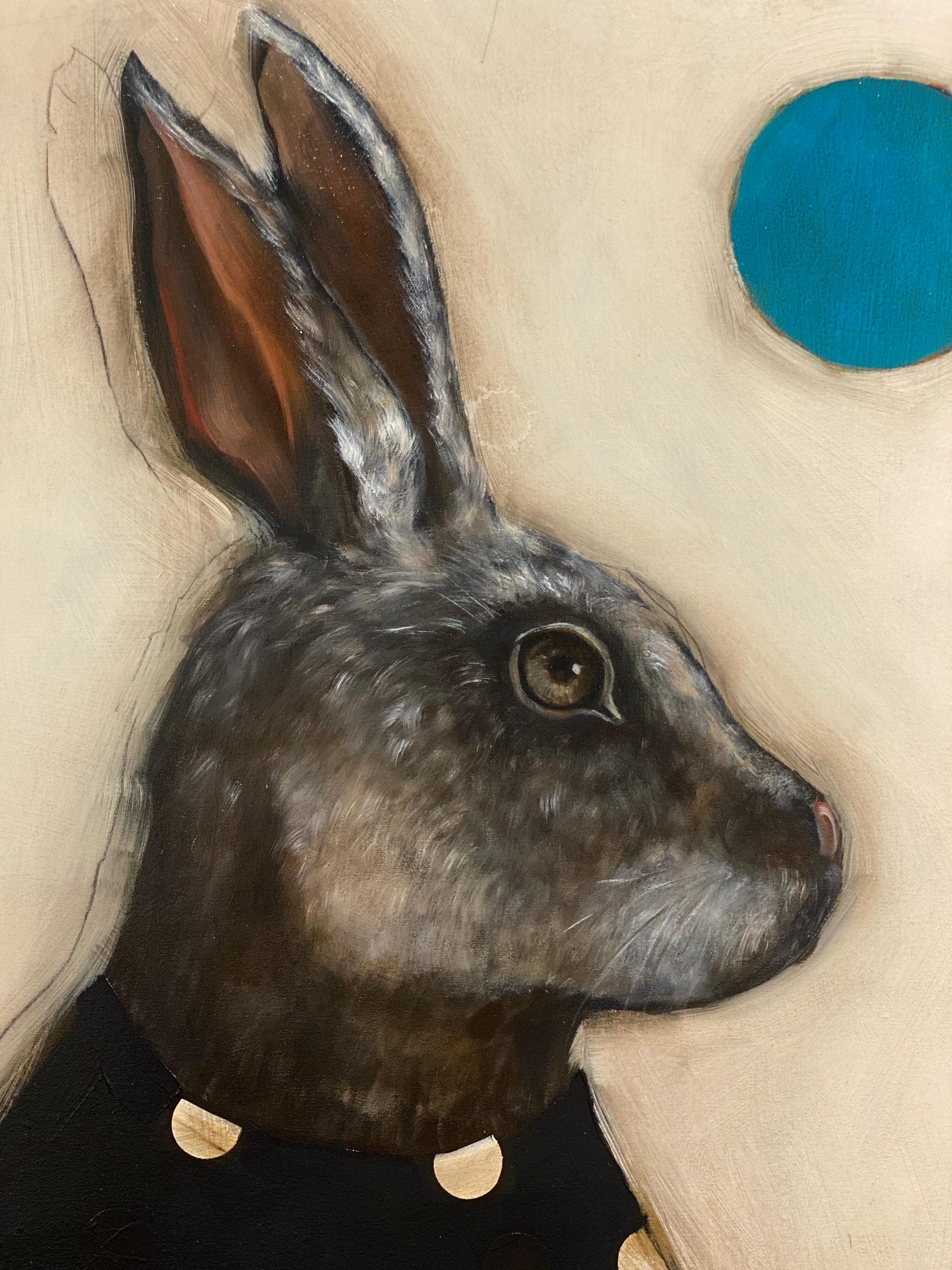 Moon Rabbit - Realist Animal Portrait of Hare with patterns and colored dots - Contemporary Painting by Michele Mikesell