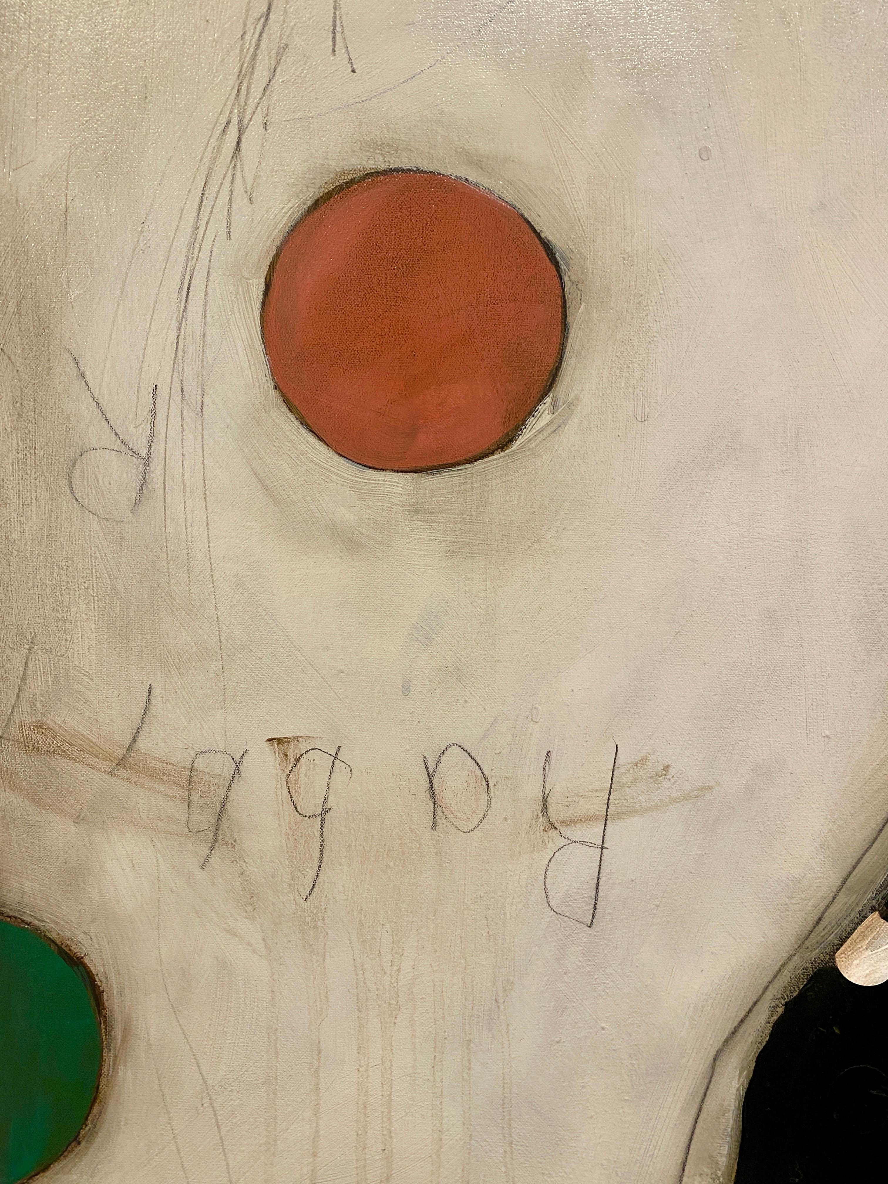 Moon Rabbit - Realist Animal Portrait of Hare with patterns and colored dots - Beige Abstract Painting by Michele Mikesell