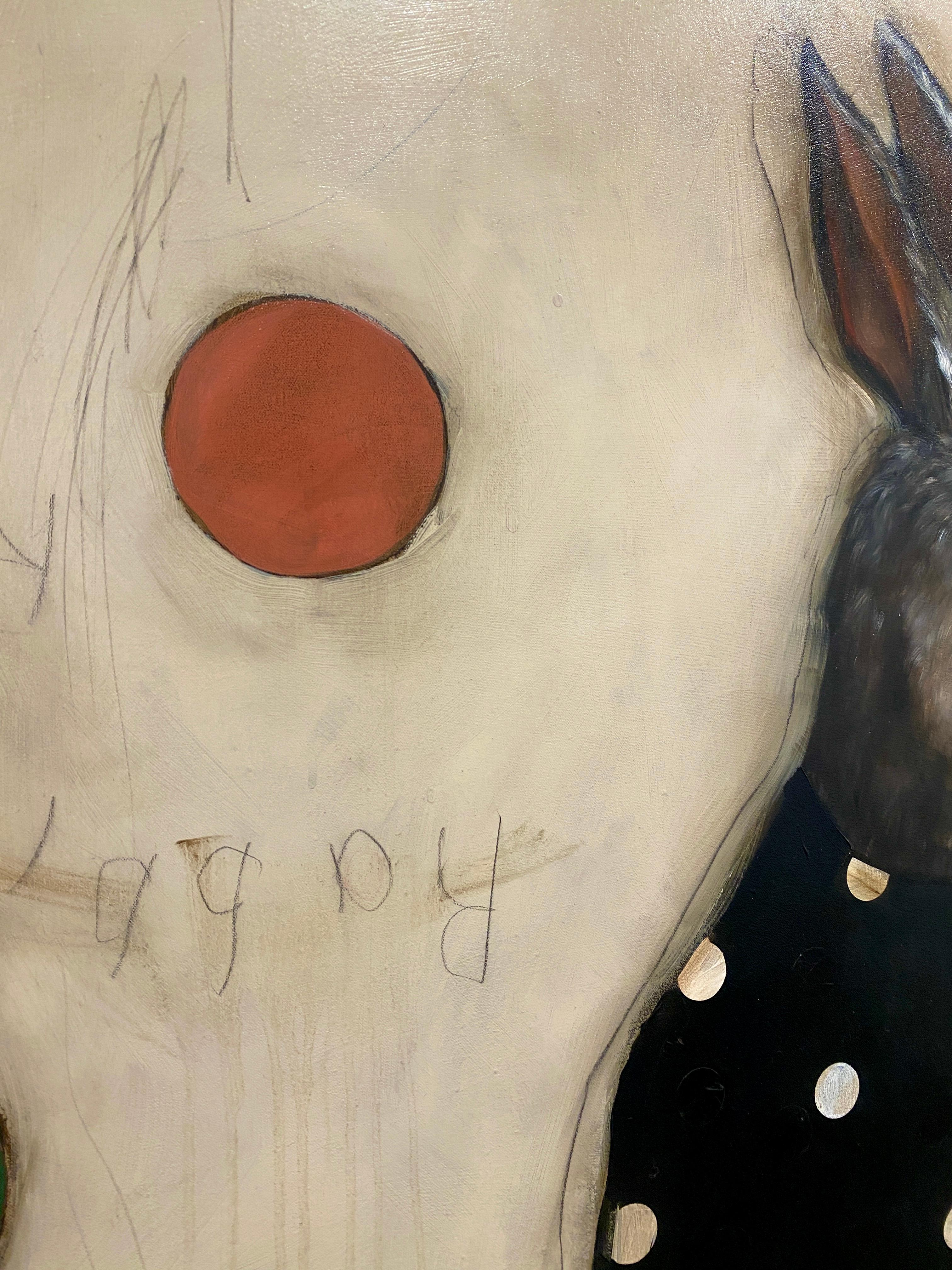 Moon Rabbit
Oil on canvas
36 × 36 inches  91 × 91 cm

Michele Mikesell’s Moon Rabbit is an enchanting portrait of transformation and quiet mysticism. Against a softly layered ivory backdrop, a rabbit—painted in exquisite, lifelike detail—sits poised