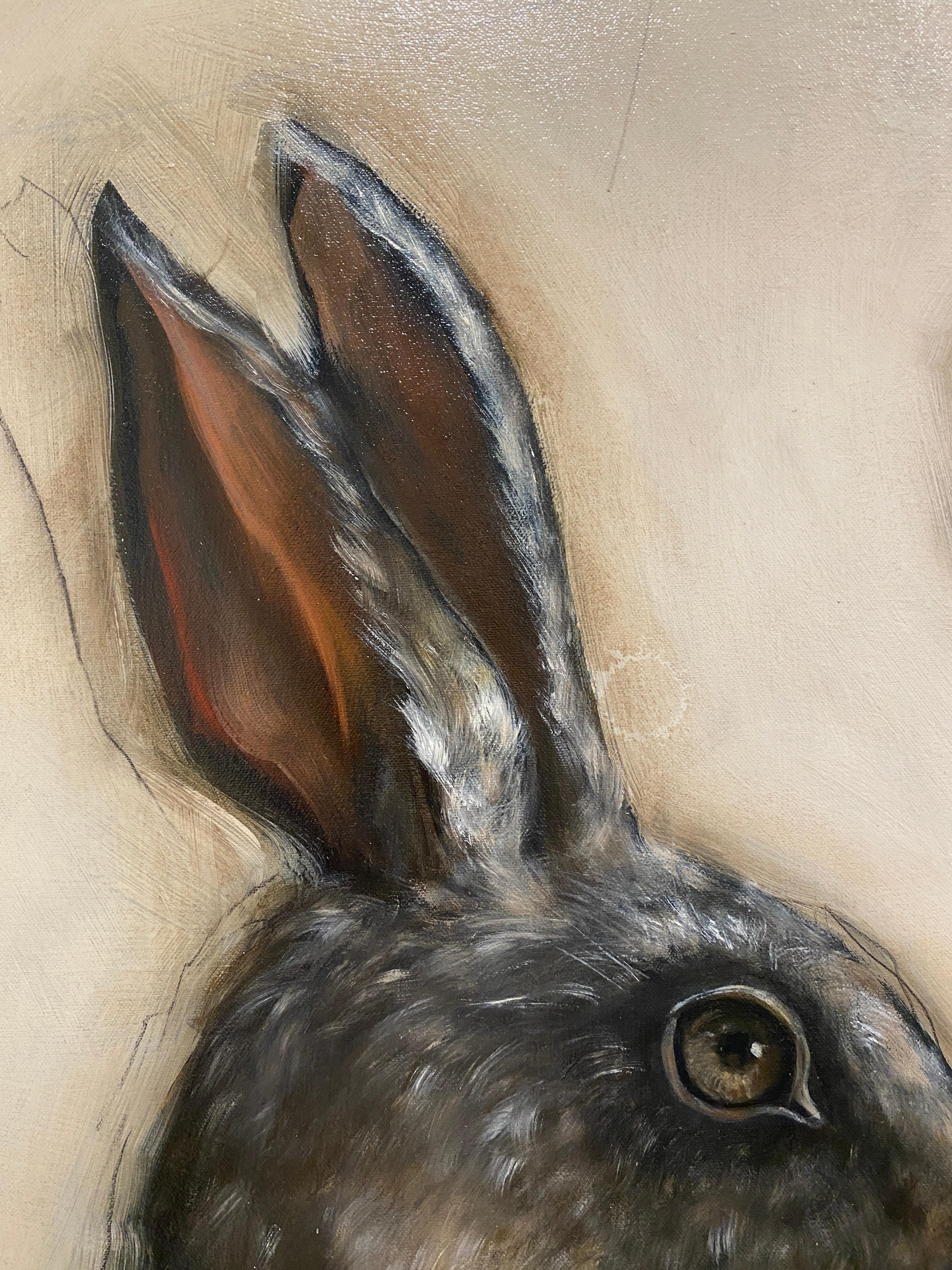 Moon Rabbit - Realist Animal Portrait of Hare with patterns and colored dots For Sale 1