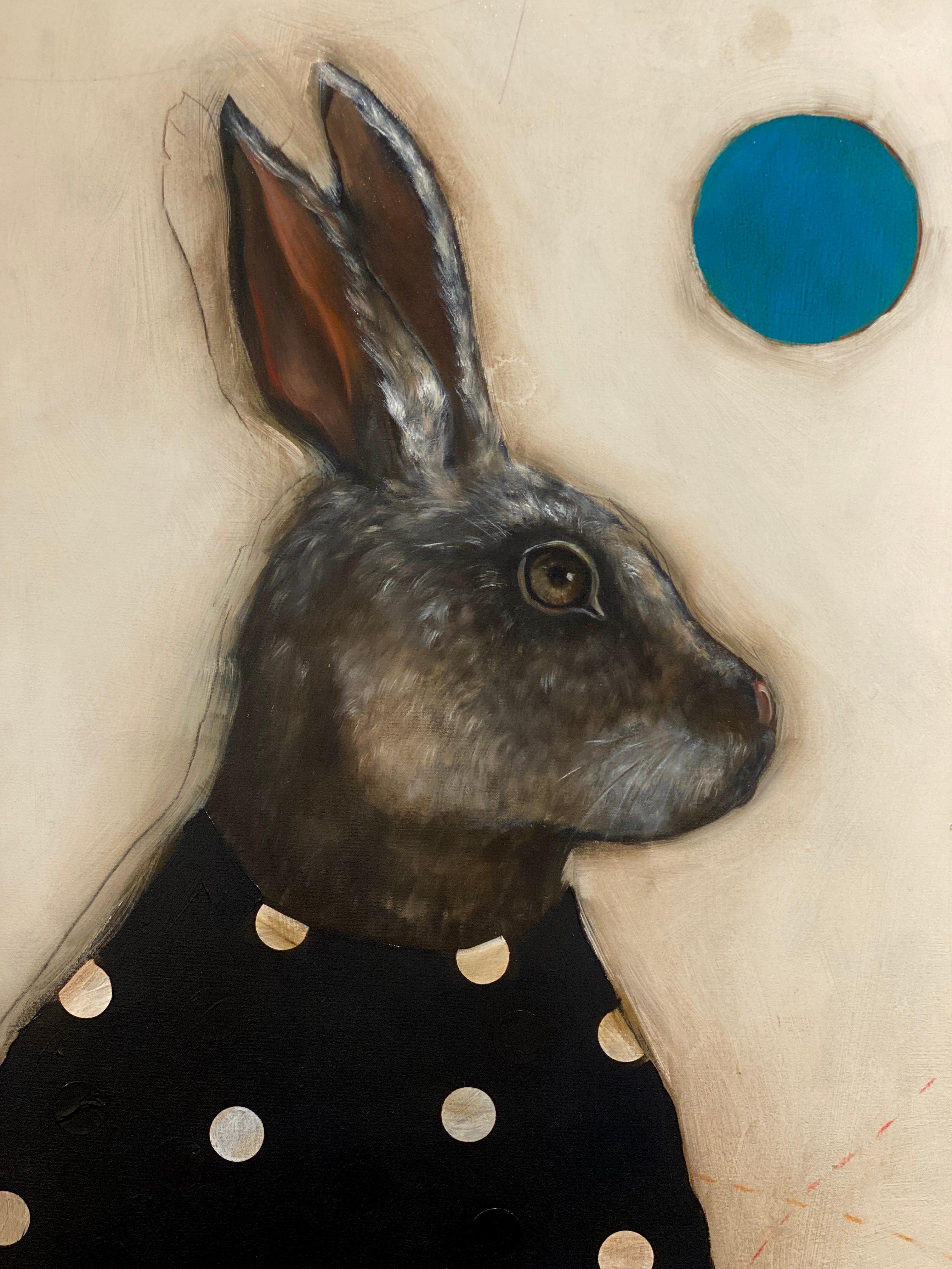 Moon Rabbit - Realist Animal Portrait of Hare with patterns and colored dots - Painting by Michele Mikesell