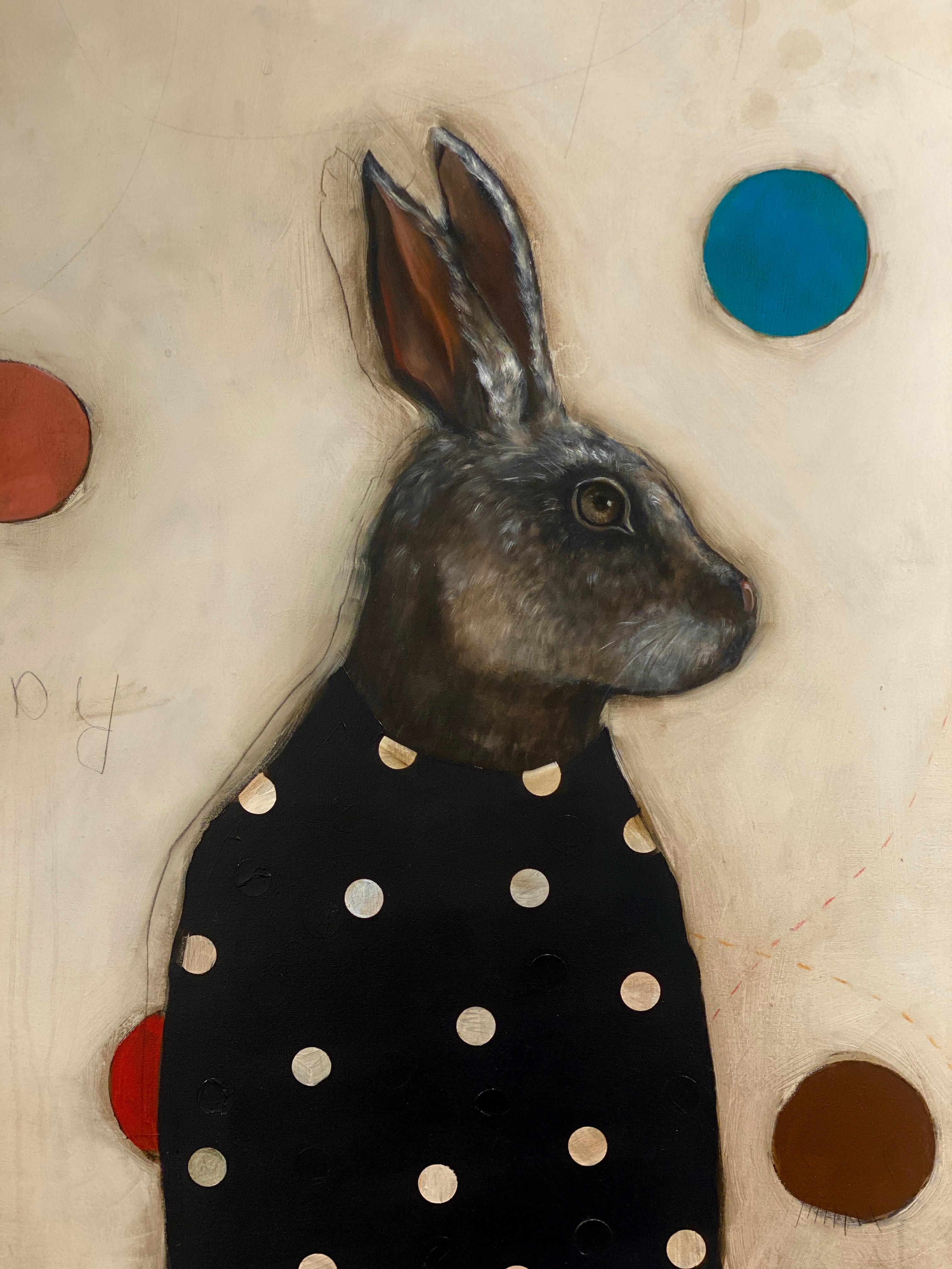 Moon Rabbit - Realist Animal Portrait of Hare with patterns and colored dots For Sale 4