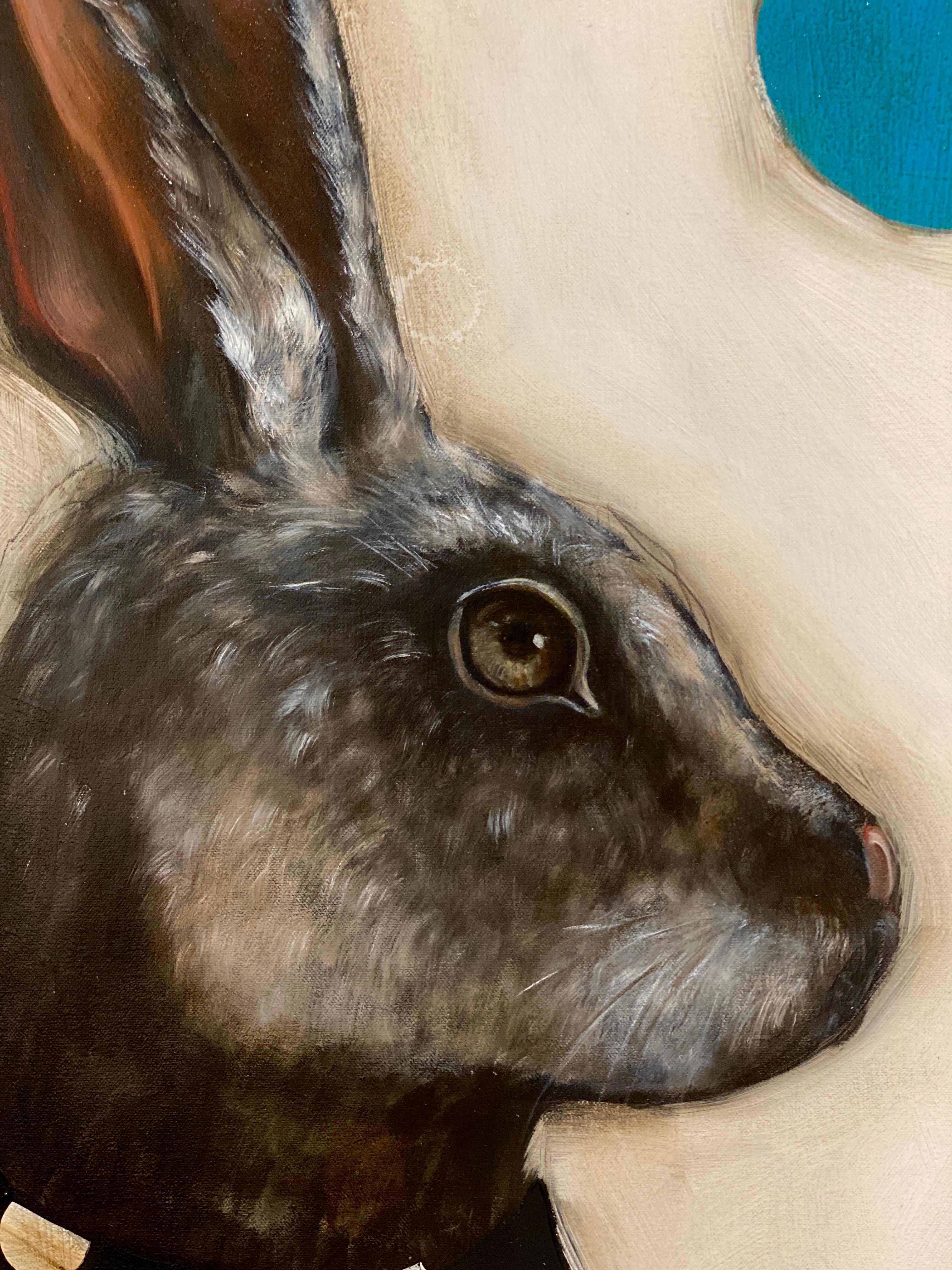 Moon Rabbit - Realist Animal Portrait of Hare with patterns and colored dots For Sale 5