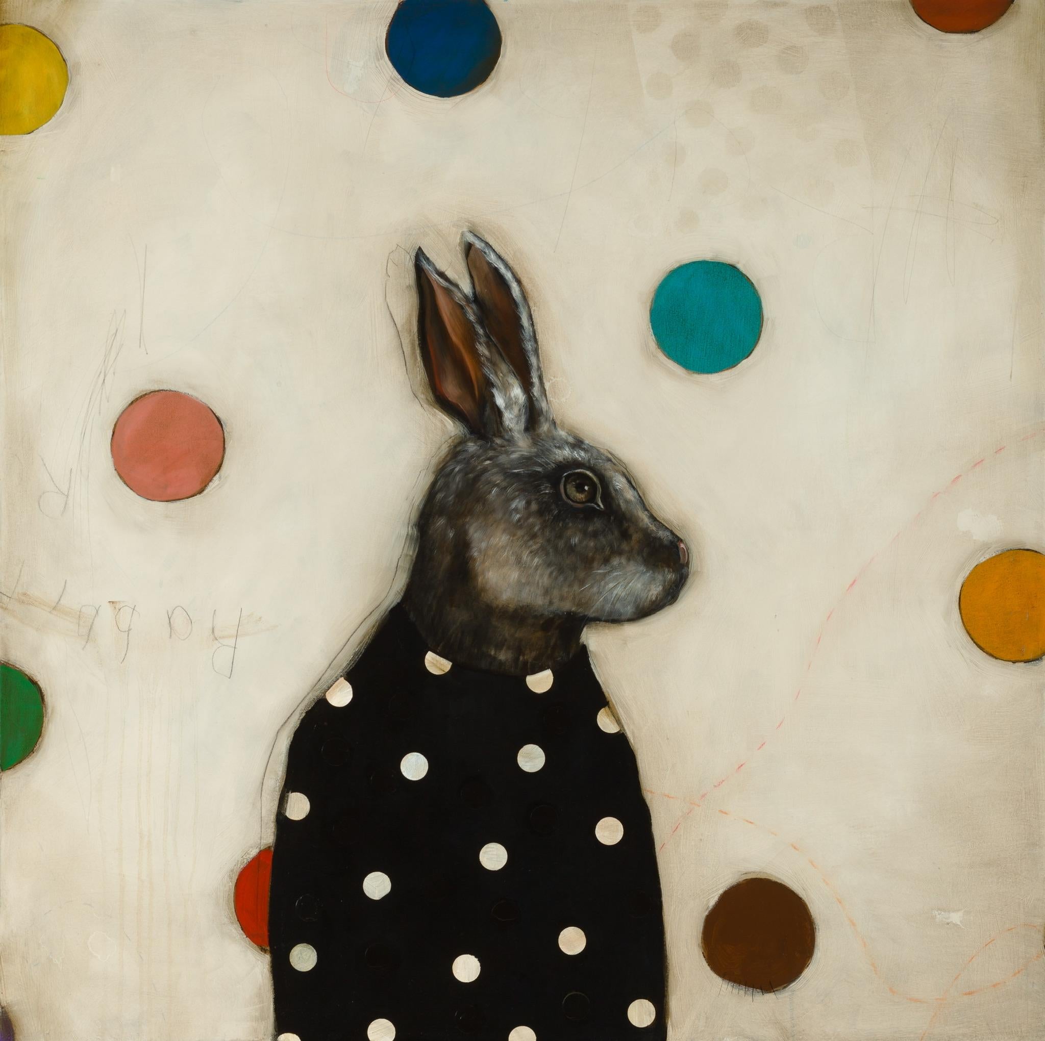 Michele Mikesell Abstract Painting - Moon Rabbit - Realist Animal Portrait of Hare with patterns and colored dots