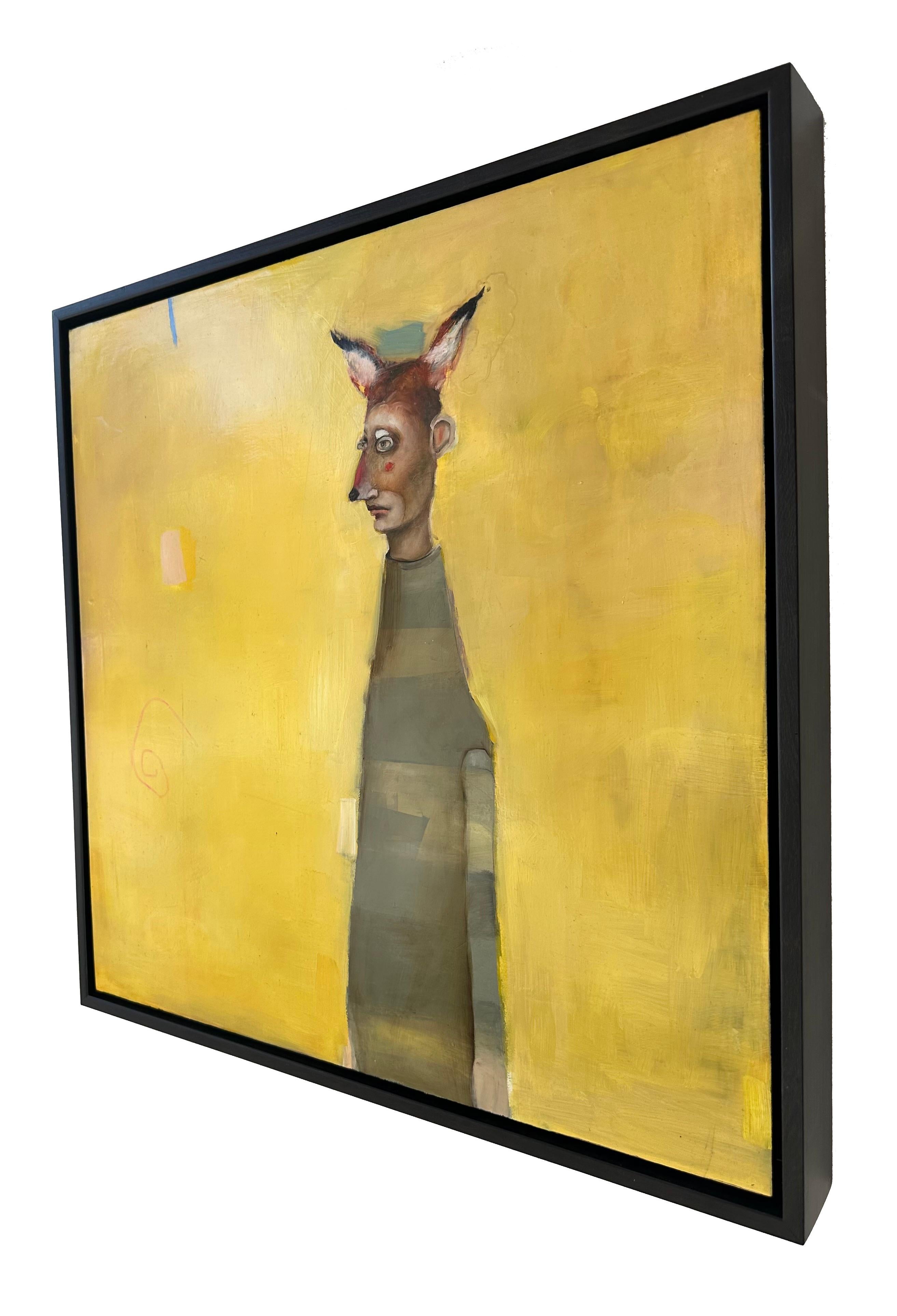 Muddy Fox, Óleo sobre lienzo, retrato figurativo pop art con fondo amarillo en venta 3