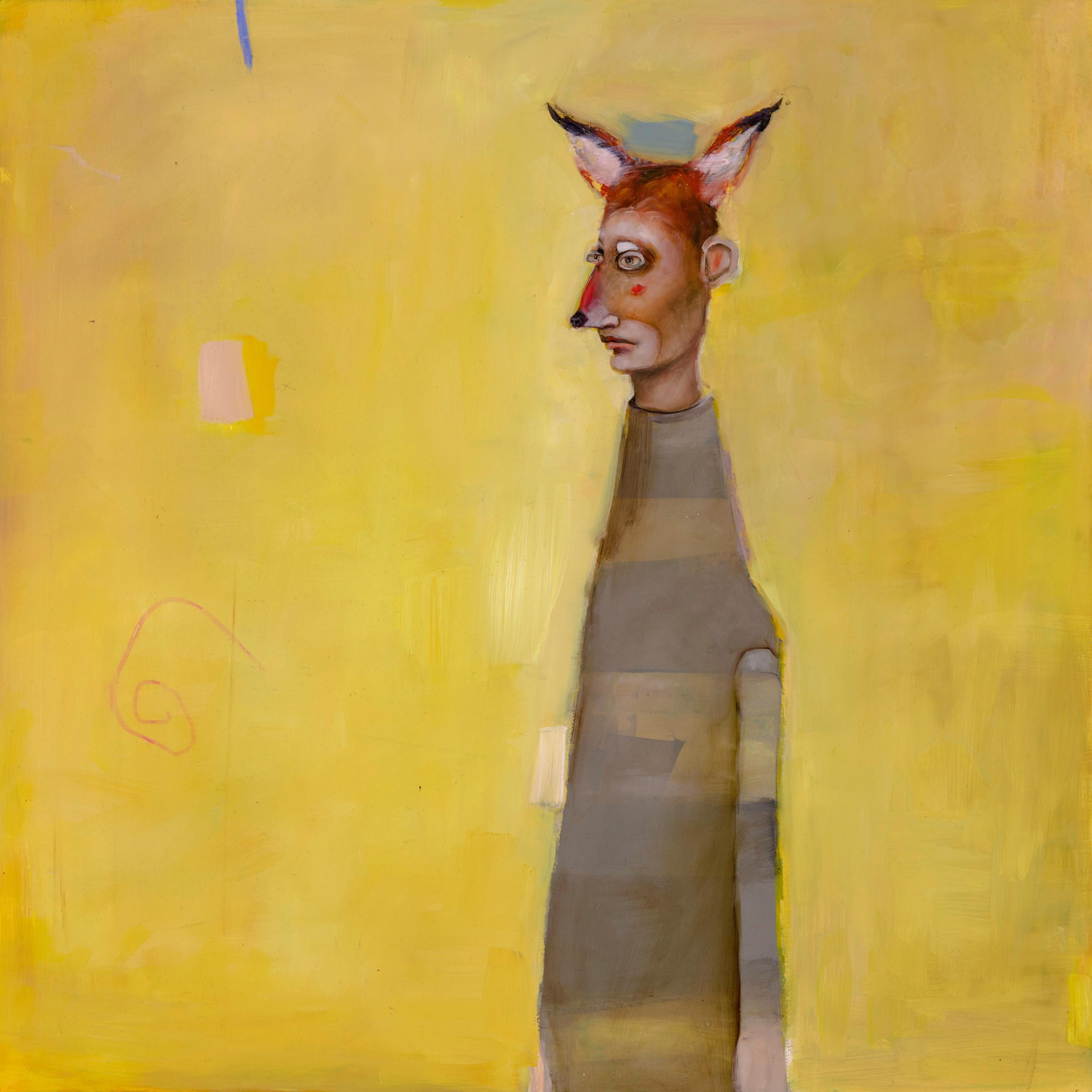 Animal Painting Michele Mikesell - Muddy Fox, huile sur toile, portrait figuratif d'art pop sur fond jaune