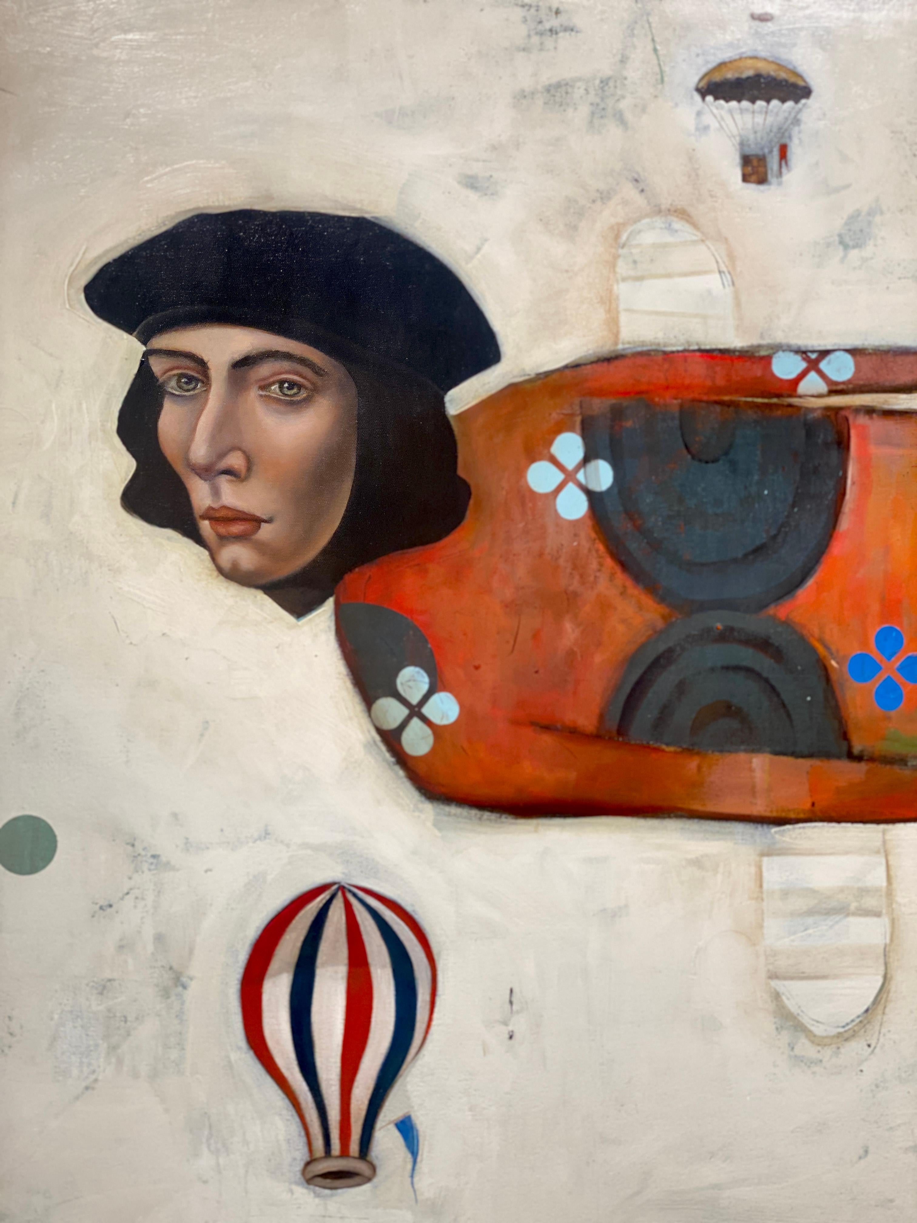 Saint Joseph -- Surreal figurative abstract of flying man and hot air balloons For Sale 8