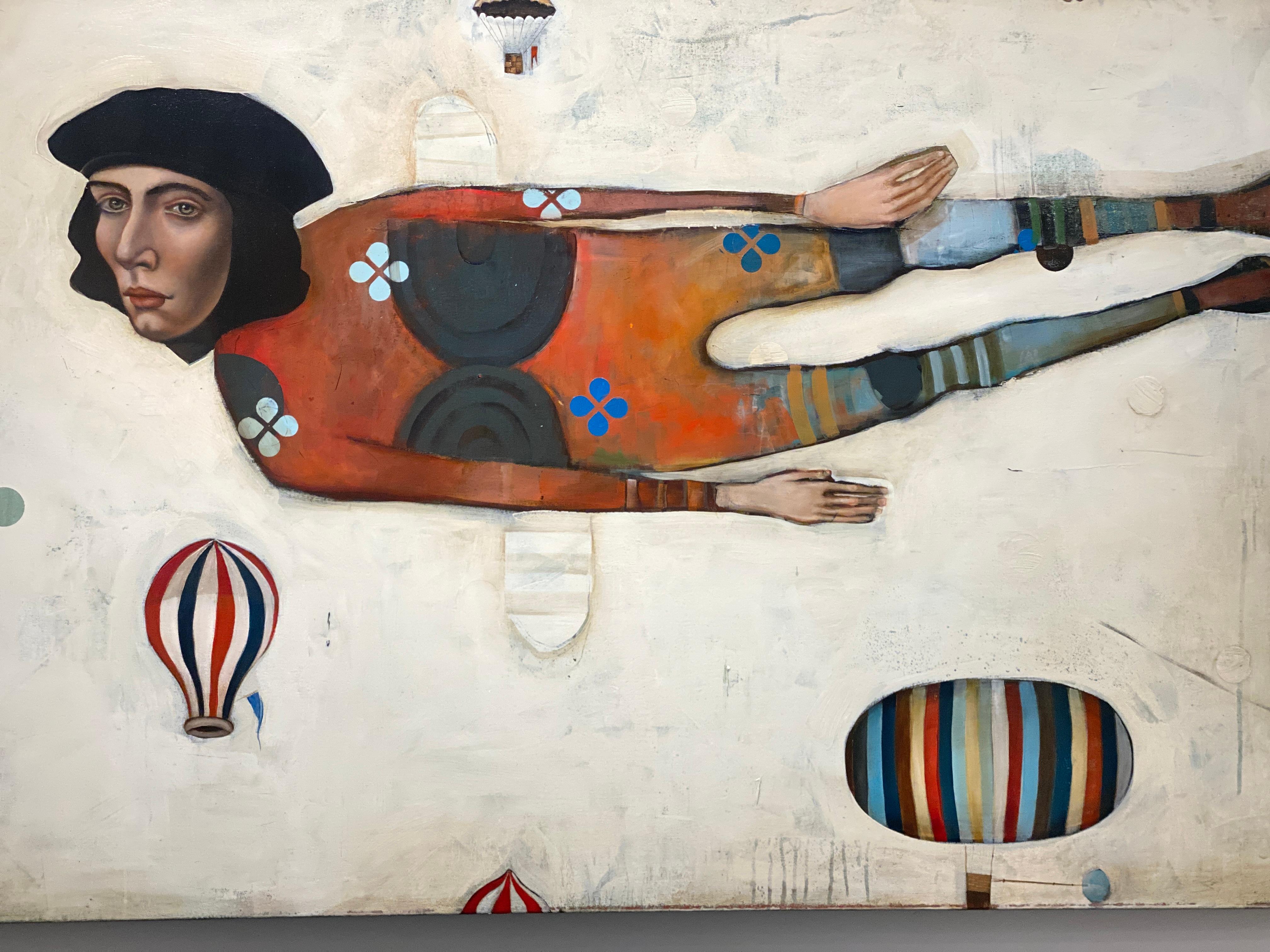 Saint Joseph -- Surreal figurative abstract of flying man and hot air balloons For Sale 9