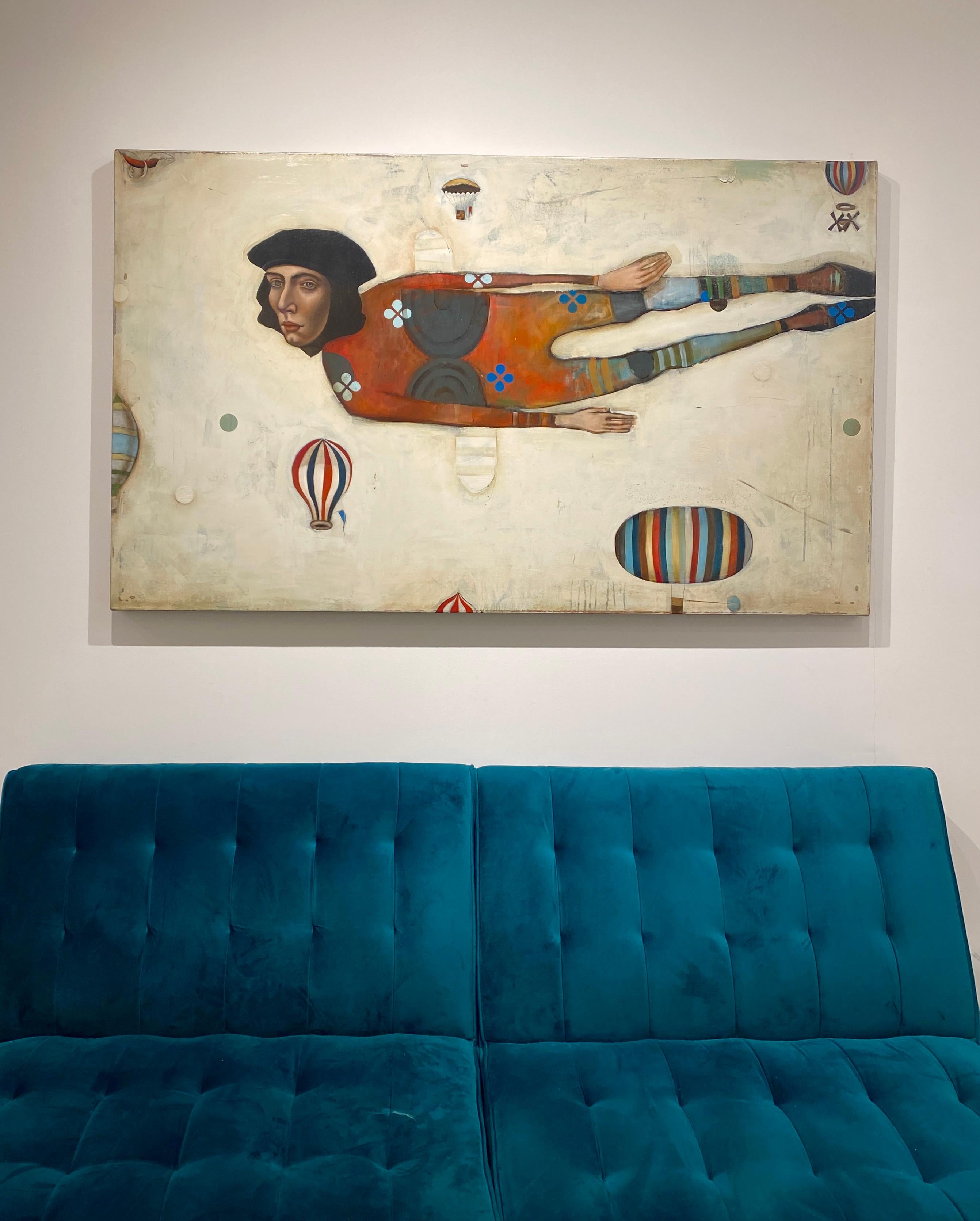 Saint Joseph -- Surreal figurative abstract of flying man and hot air balloons For Sale 12