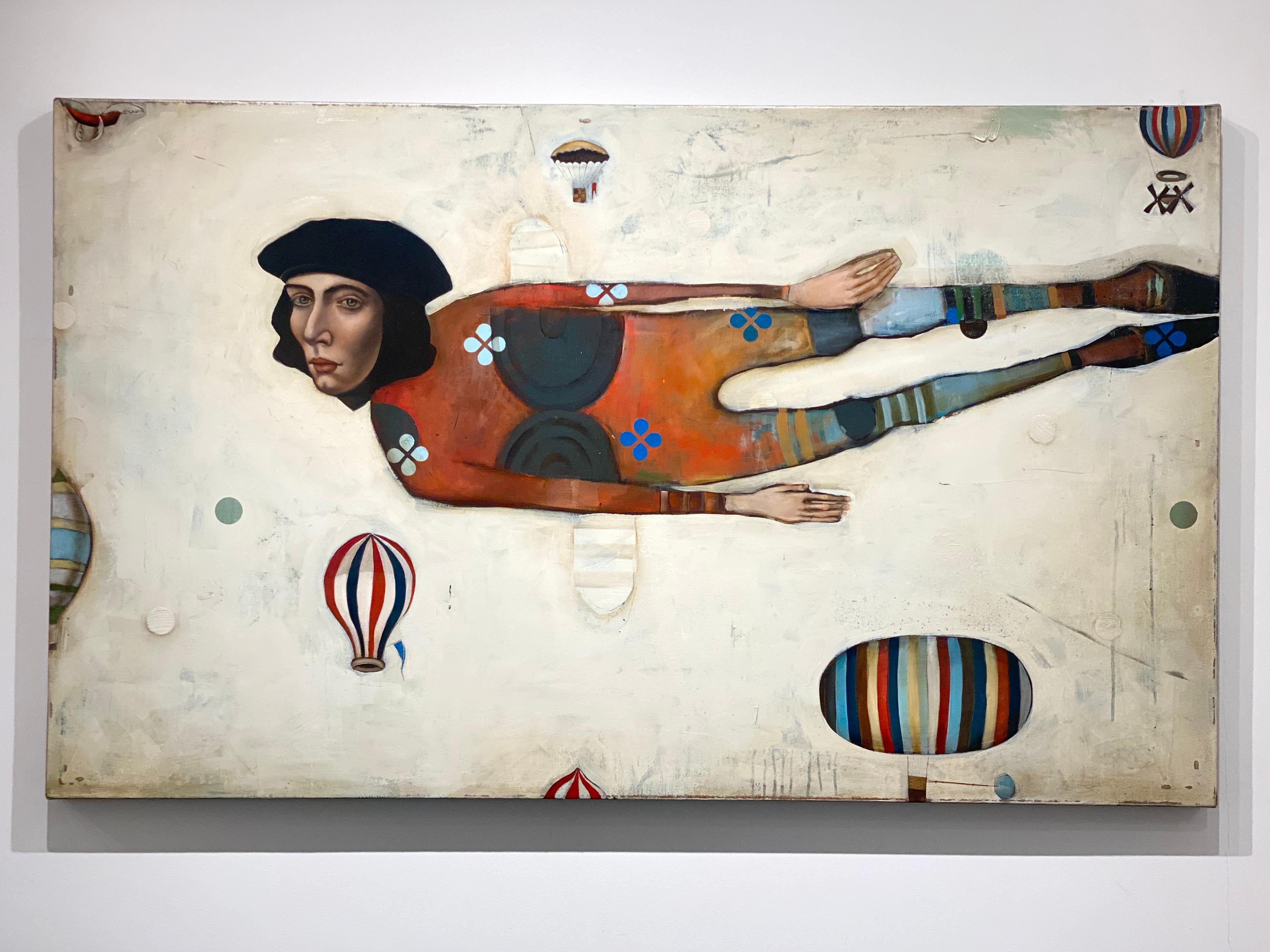 Saint Joseph -- Surreal figurative abstract of flying man and hot air balloons - Painting by Michele Mikesell