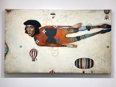 Saint Joseph -- Surreal figurative abstract of flying man and hot air balloons