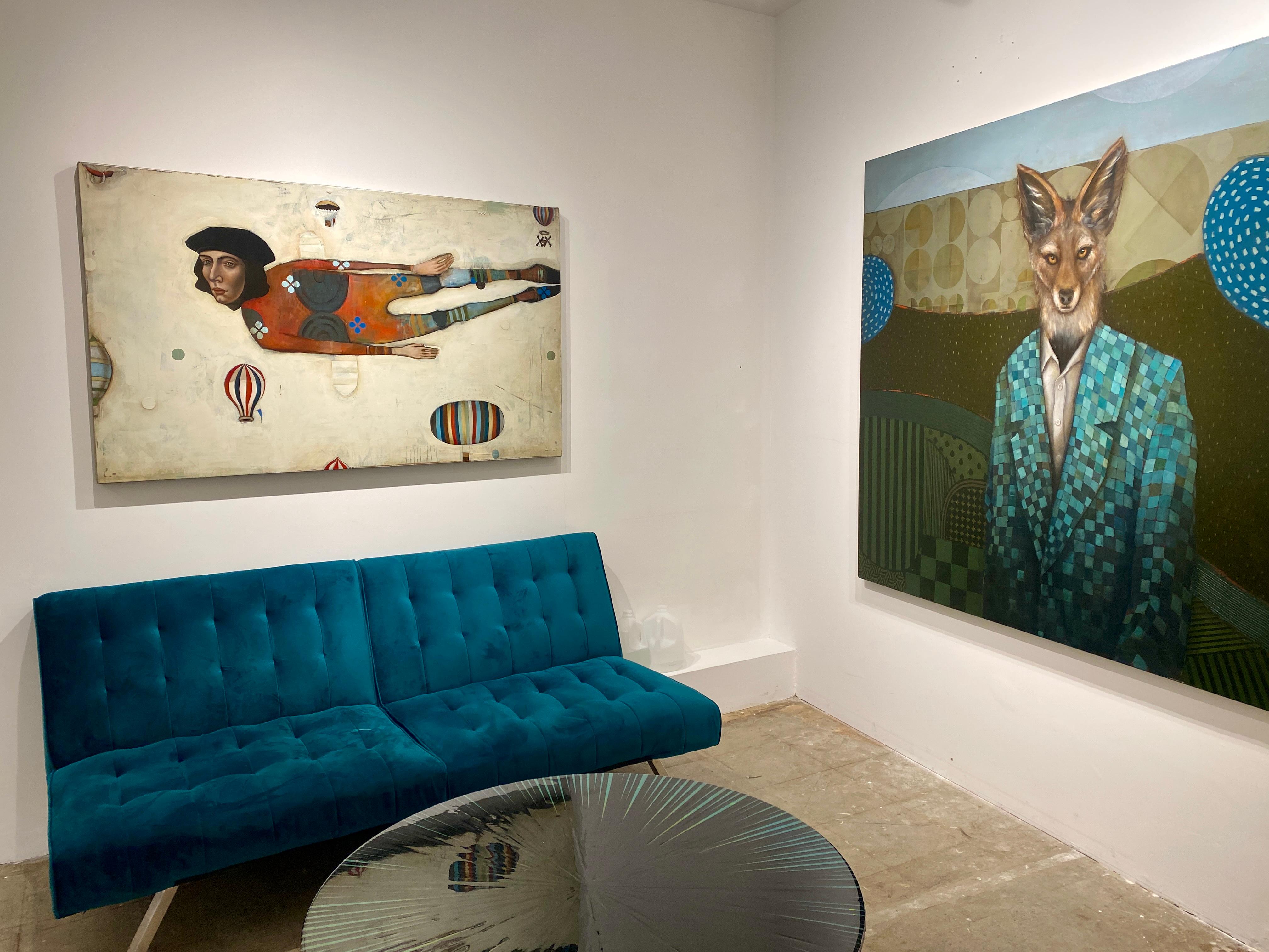 Saint Joseph -- Surreal figurative abstract of flying man and hot air balloons - Contemporary Painting by Michele Mikesell