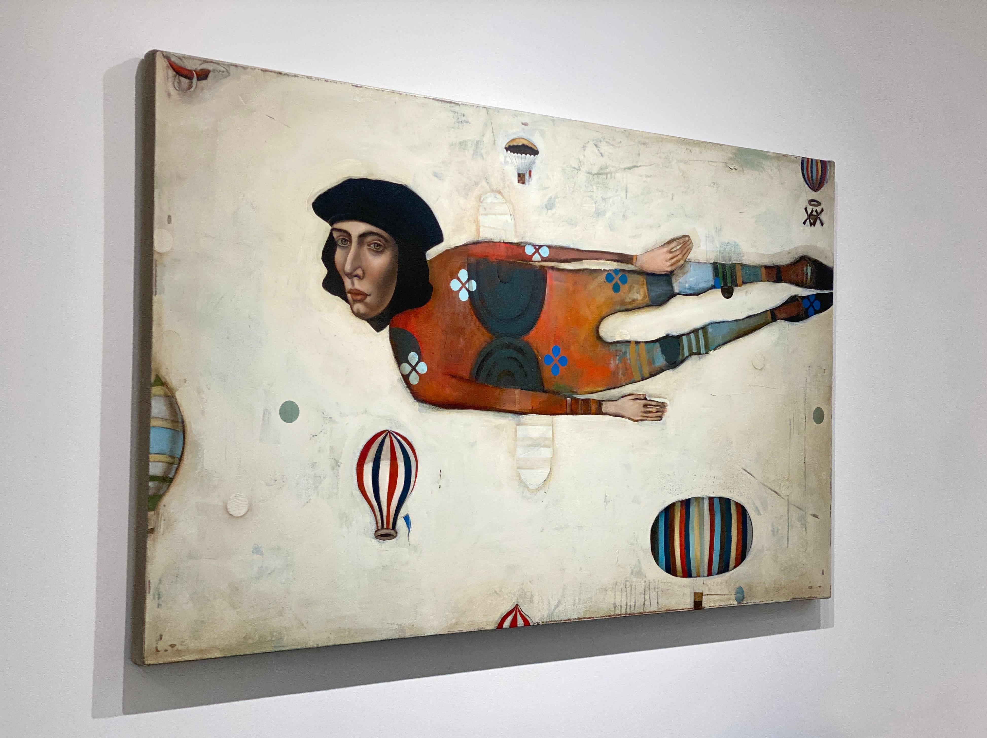 Saint Joseph -- Surreal figurative abstract of flying man and hot air balloons - Beige Abstract Painting by Michele Mikesell