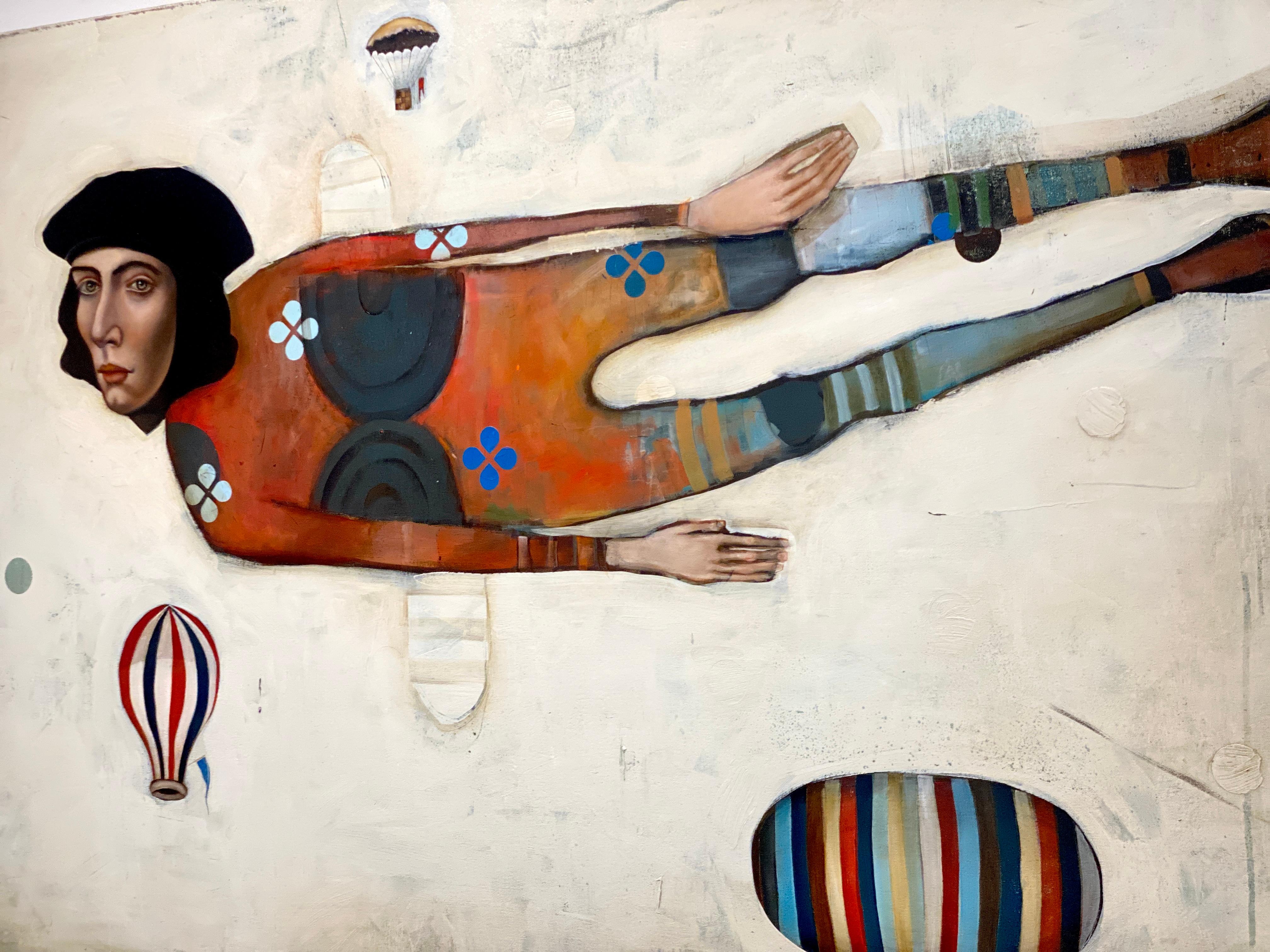 Saint Joseph
Oil on canvas
36 × 60 in  91 × 152 cm

Michele Mikesell’s Saint Joseph unfolds as a surreal, horizontal dreamscape where a solitary figure floats through an open, ivory-washed sky. The elongated body, dressed in a patterned bodysuit of