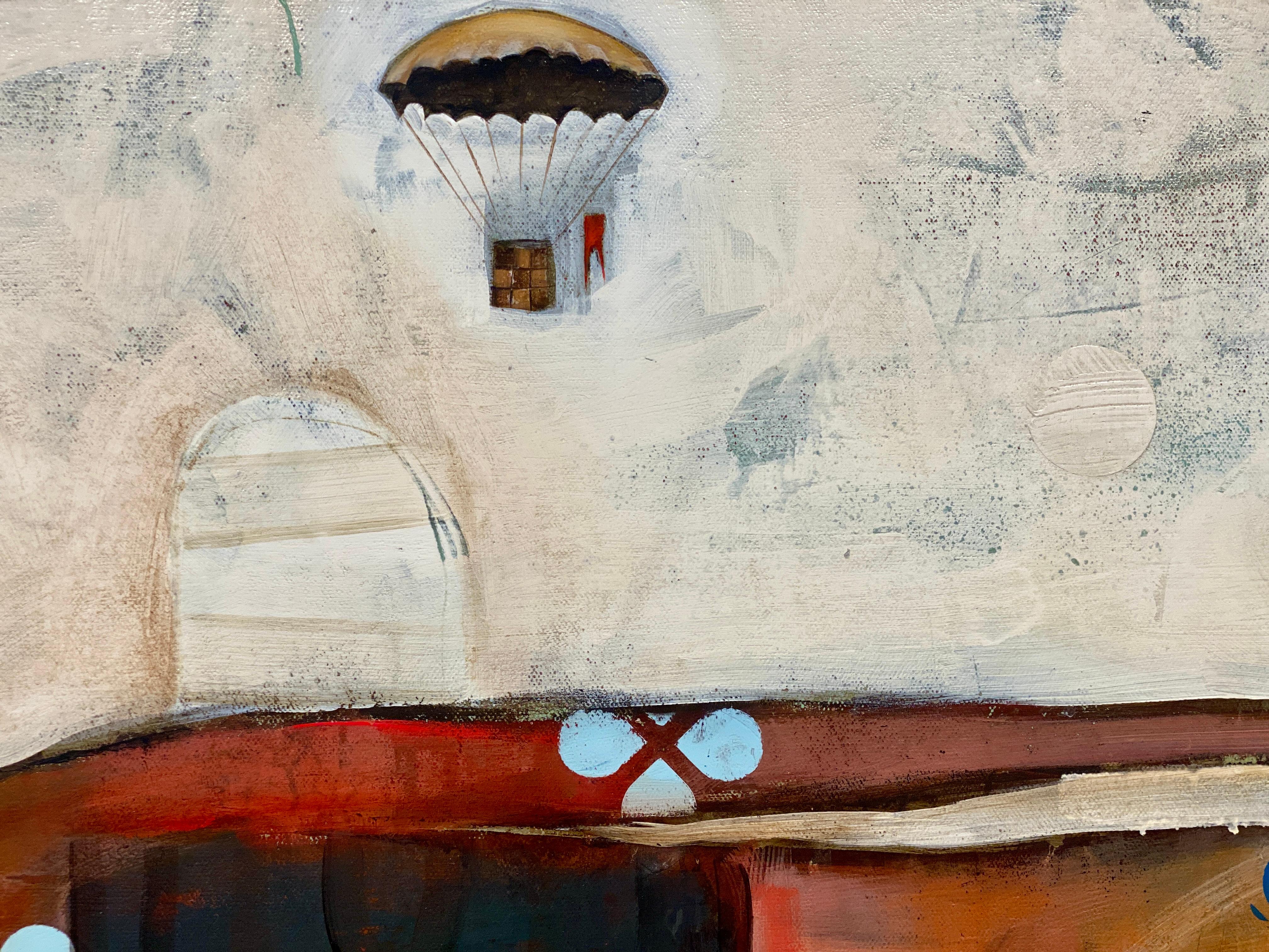 Saint Joseph -- Surreal figurative abstract of flying man and hot air balloons For Sale 2