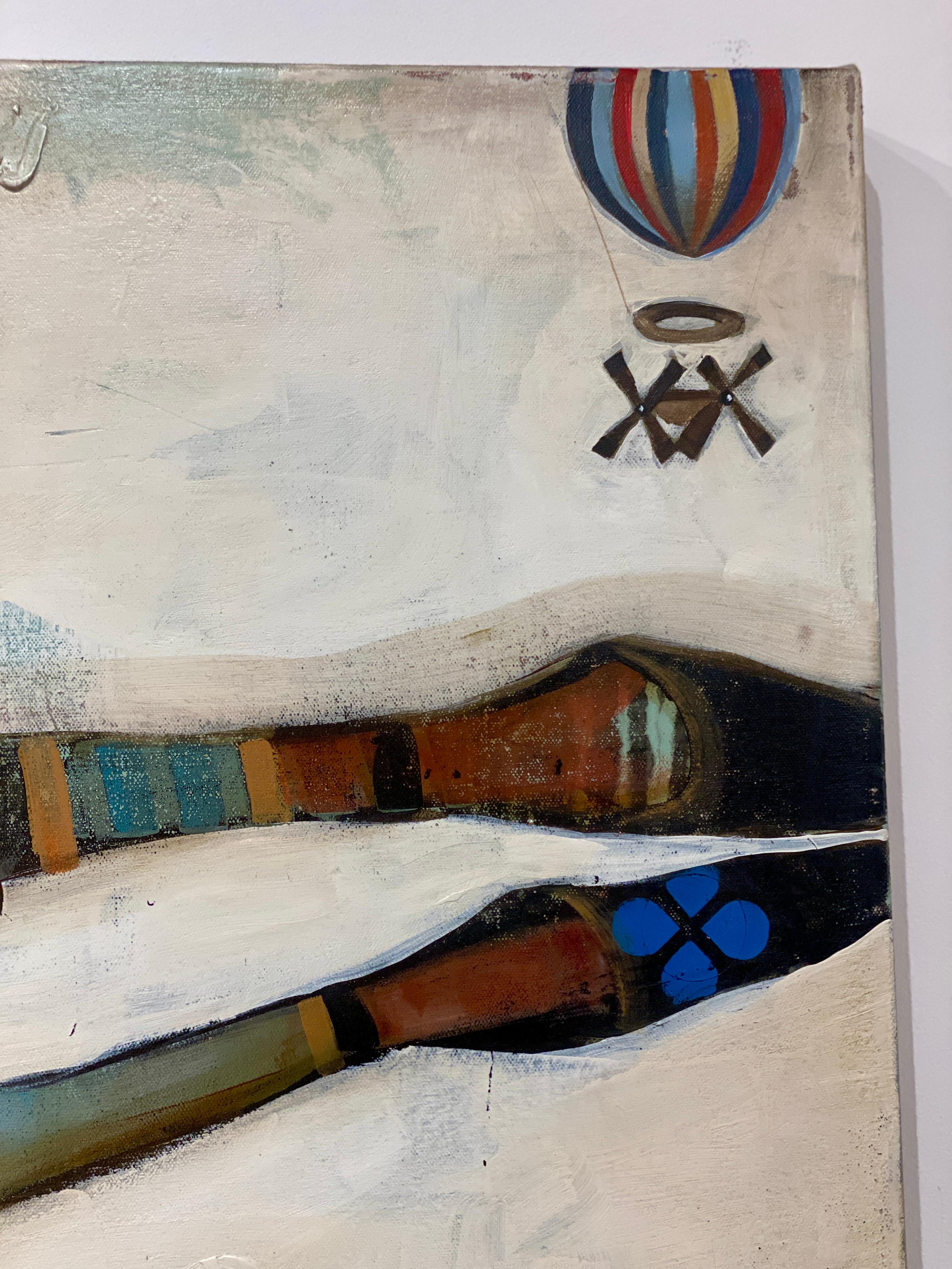 Saint Joseph -- Surreal figurative abstract of flying man and hot air balloons For Sale 3