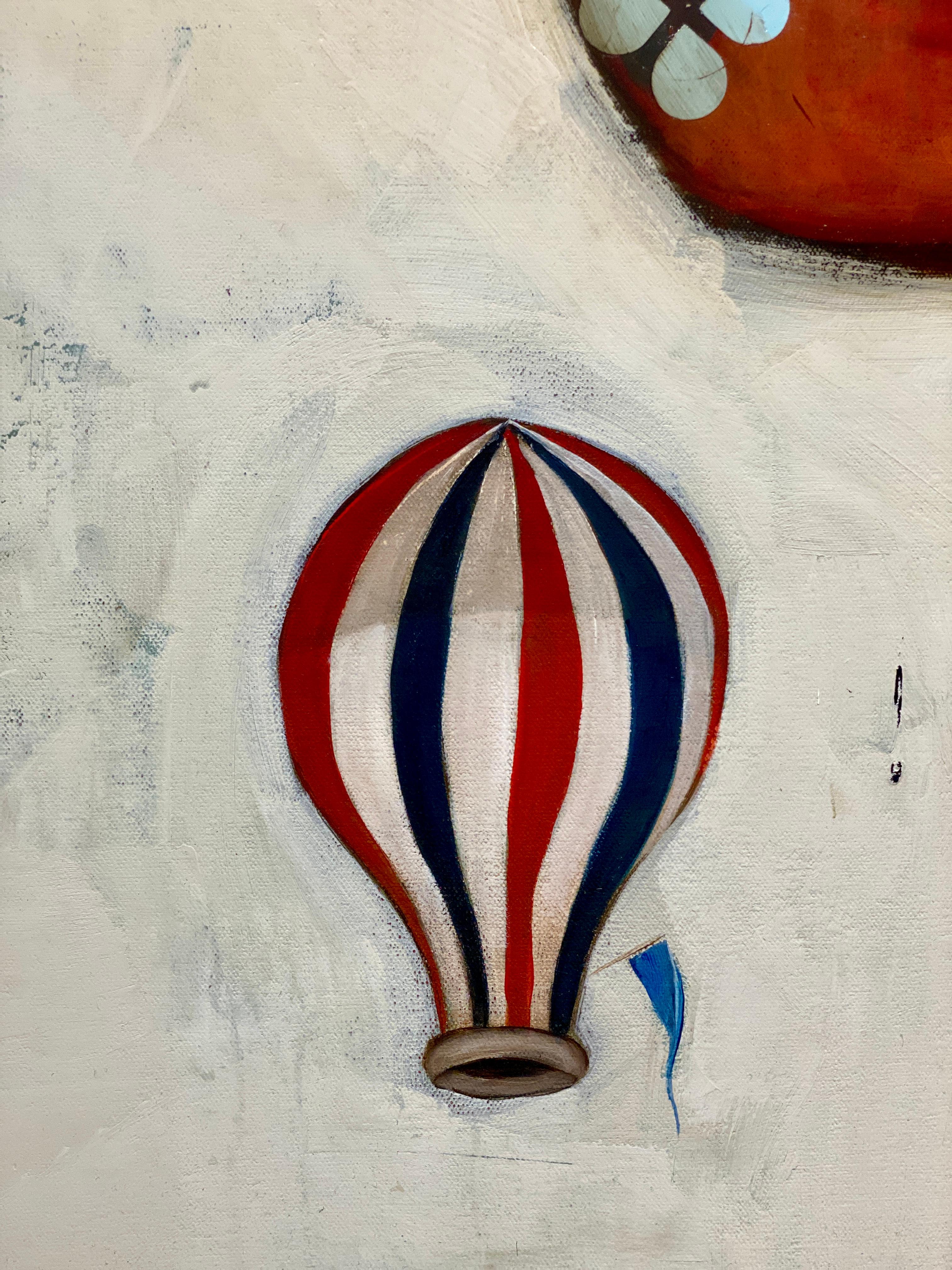 Saint Joseph -- Surreal figurative abstract of flying man and hot air balloons For Sale 4