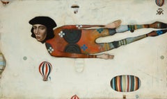 Saint Joseph -- Surreal figurative abstract of flying man and hot air balloons
