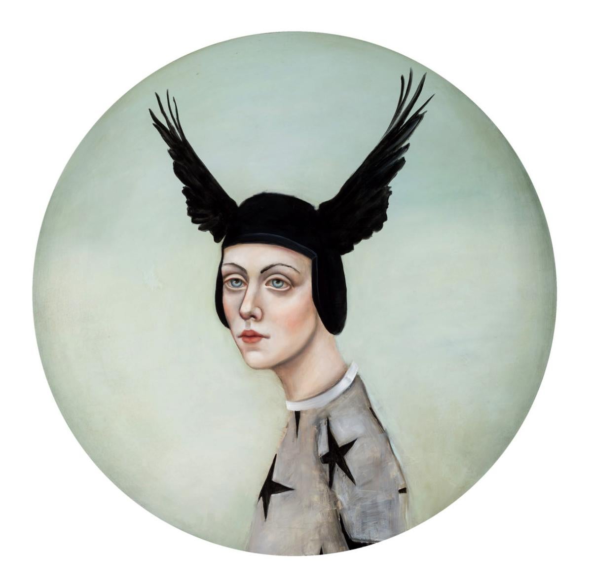 Michele Mikesell Portrait Painting - Shield of Coronis, Round oil on canvas, strong female portrait w wings, realism