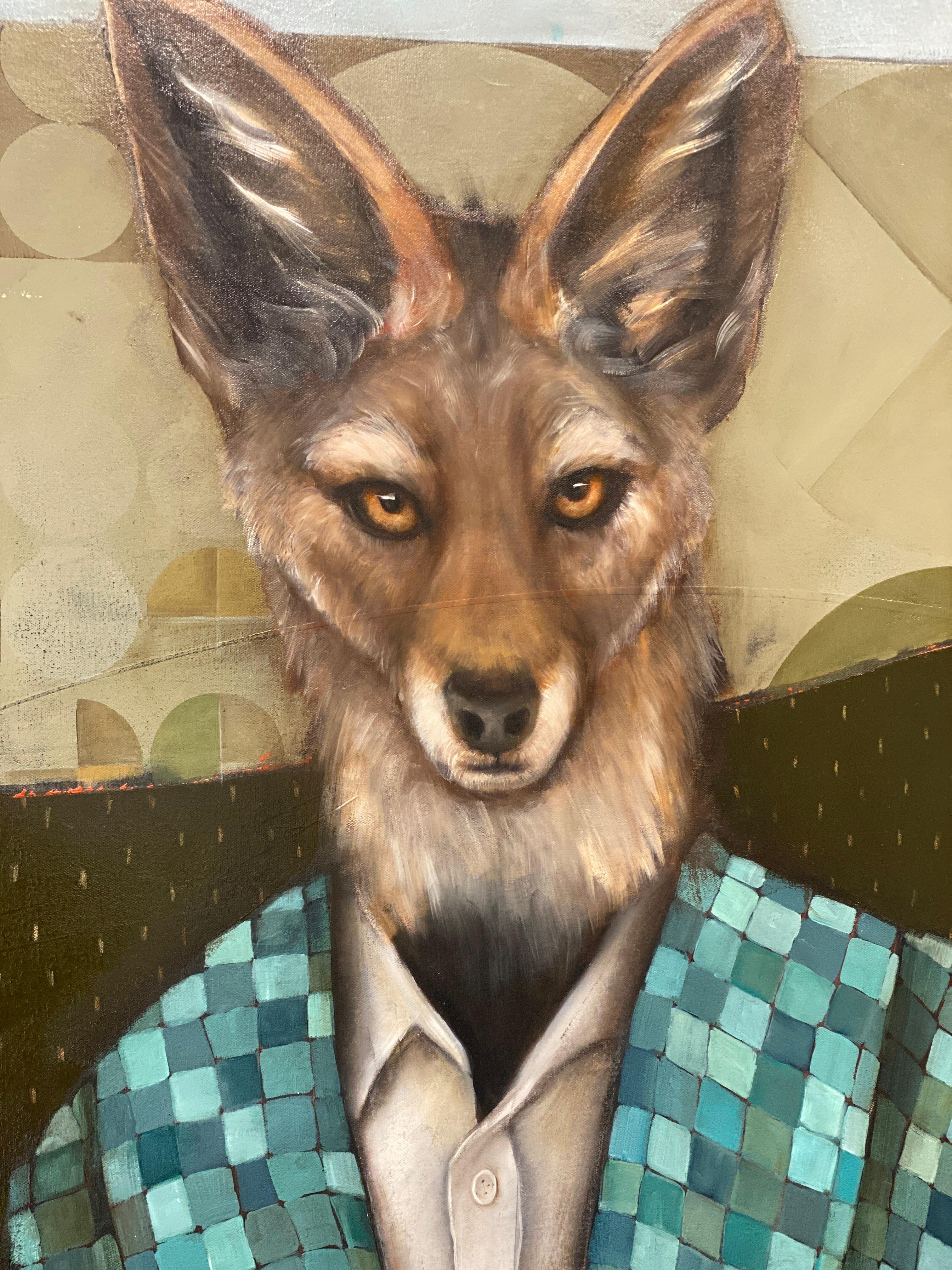 Standing Watch, the Jackal - Abstrait figuratif surréaliste d'un animal portant un costume en vente 6