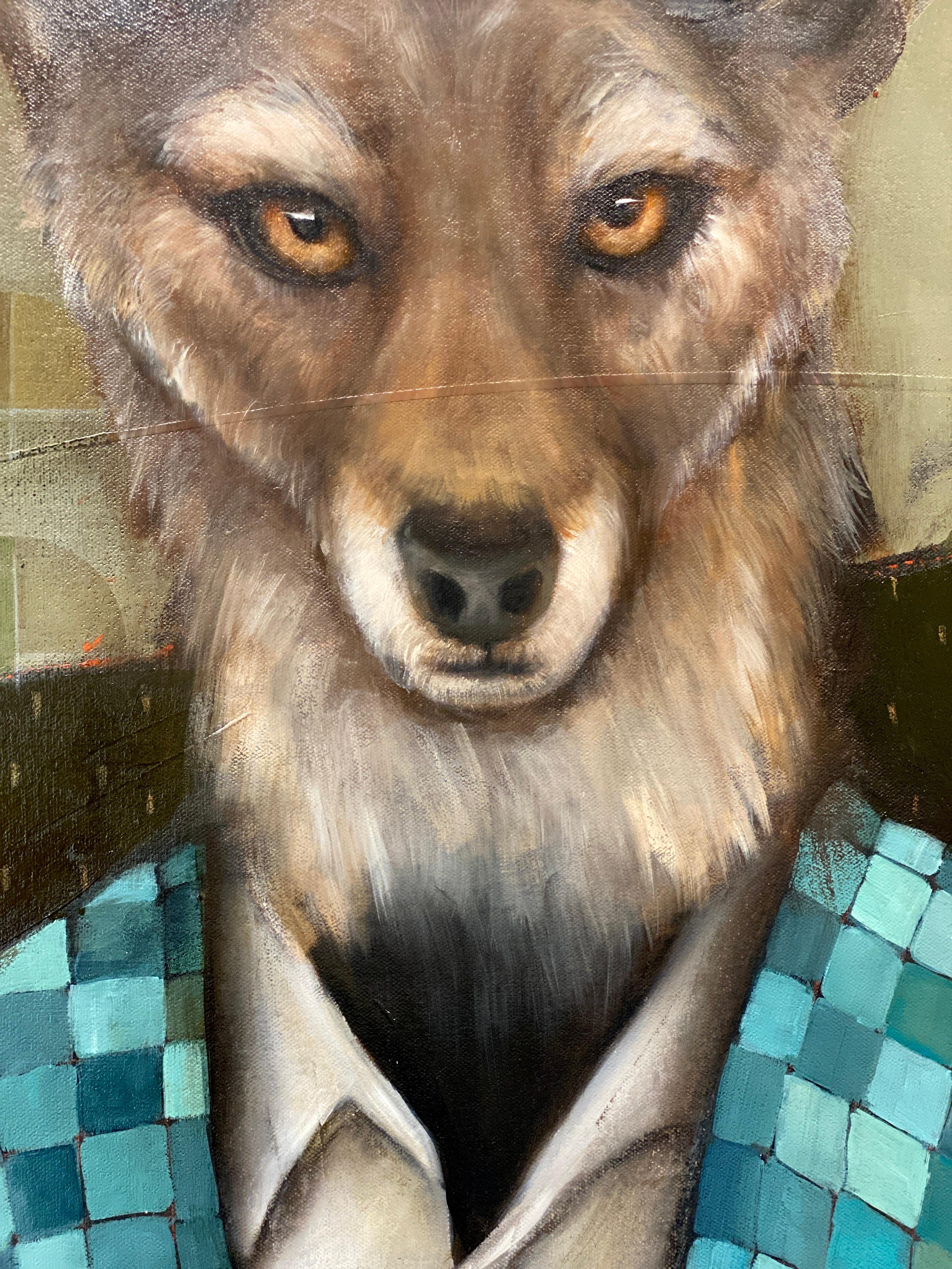 Standing Watch, the Jackal - Abstrait figuratif surréaliste d'un animal portant un costume en vente 7