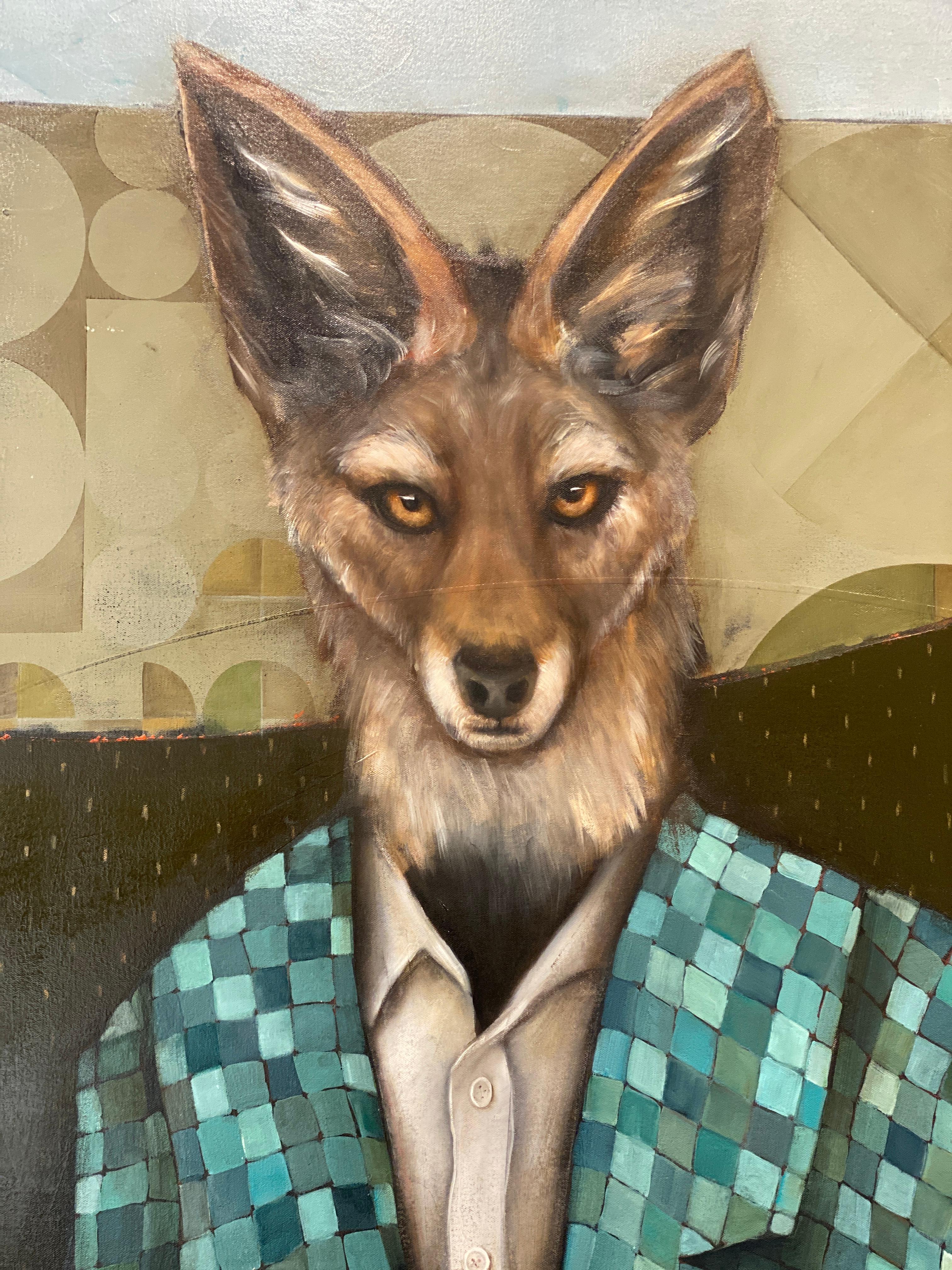 Standing Watch, the Jackal - Abstrait figuratif surréaliste d'un animal portant un costume en vente 9