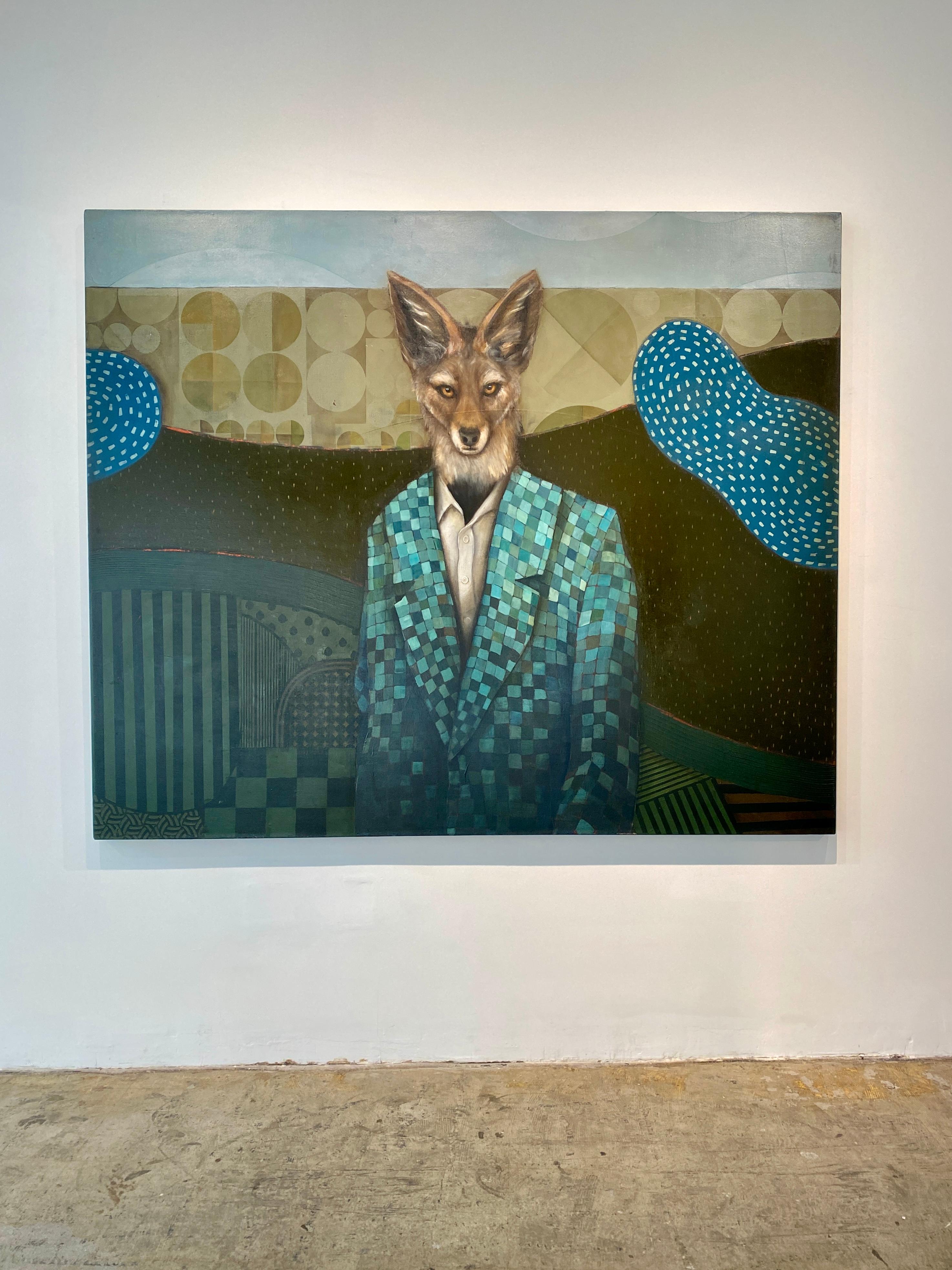 Standing Watch, the Jackal - Abstrait figuratif surréaliste d'un animal portant un costume - Painting de Michele Mikesell