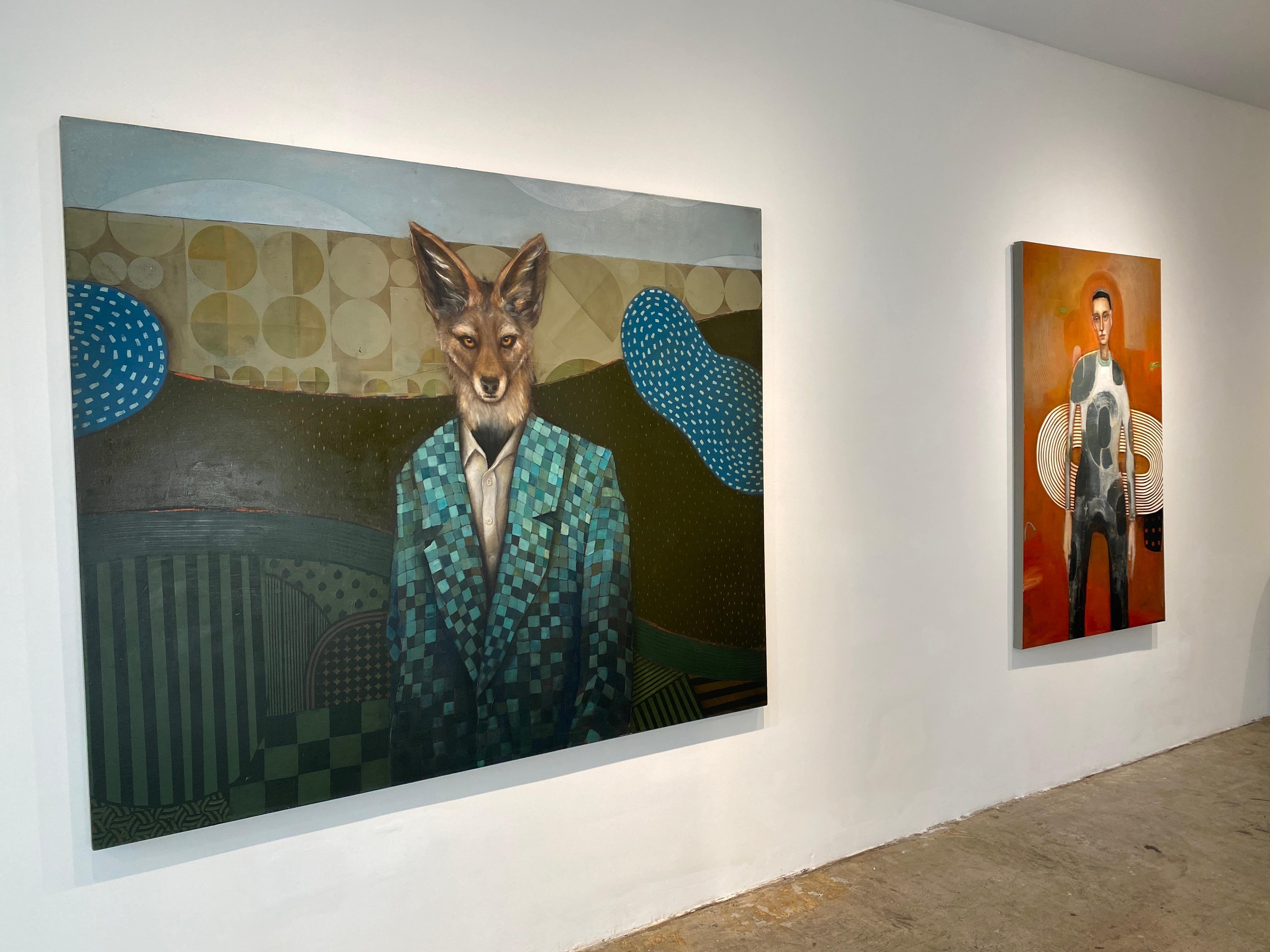 Standing Watch, the Jackal - Abstrait figuratif surréaliste d'un animal portant un costume - Contemporain Painting par Michele Mikesell
