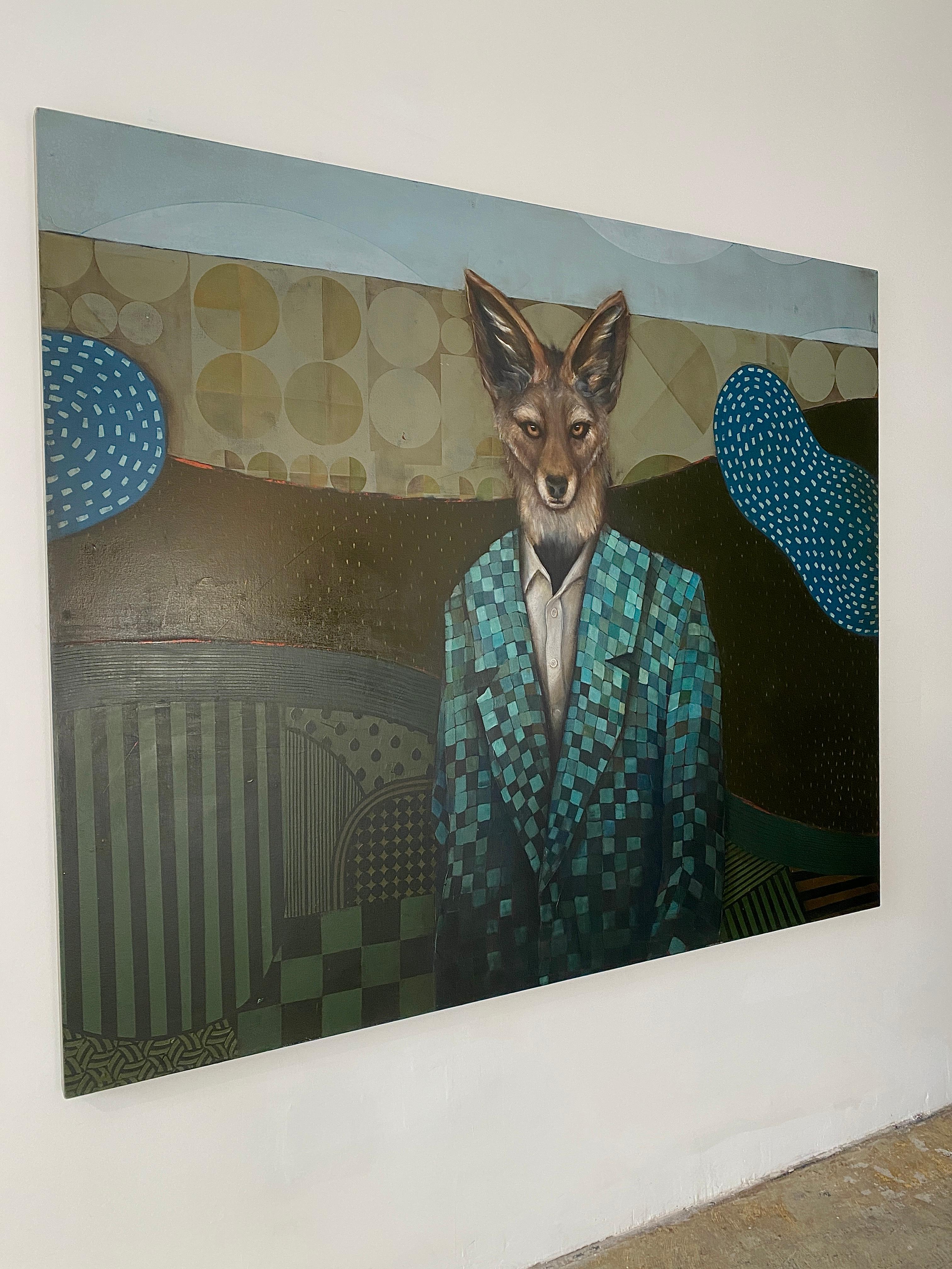 Standing Watch, the Jackal - Abstrait figuratif surréaliste d'un animal portant un costume - Noir Figurative Painting par Michele Mikesell