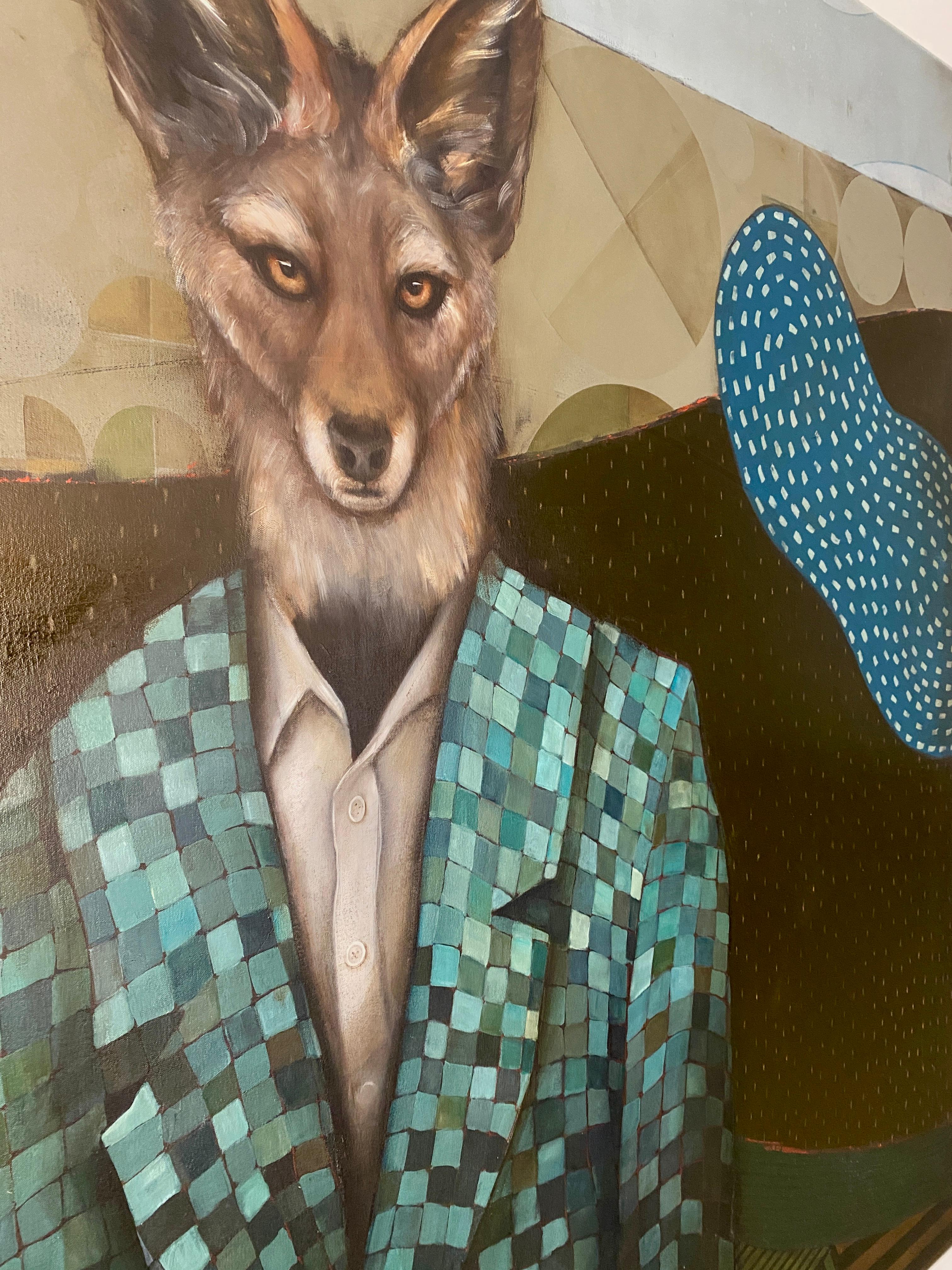 Veille (le chacal)
Huile sur toile
60 x 72 pouces  152 x 183 cm

L'œuvre Standing Watch (the Jackal) de Michele Mikesell présente une figure anthropomorphique hypnotique - un être à tête de chacal vêtu d'une veste sarcelle à motifs qui fusionne le