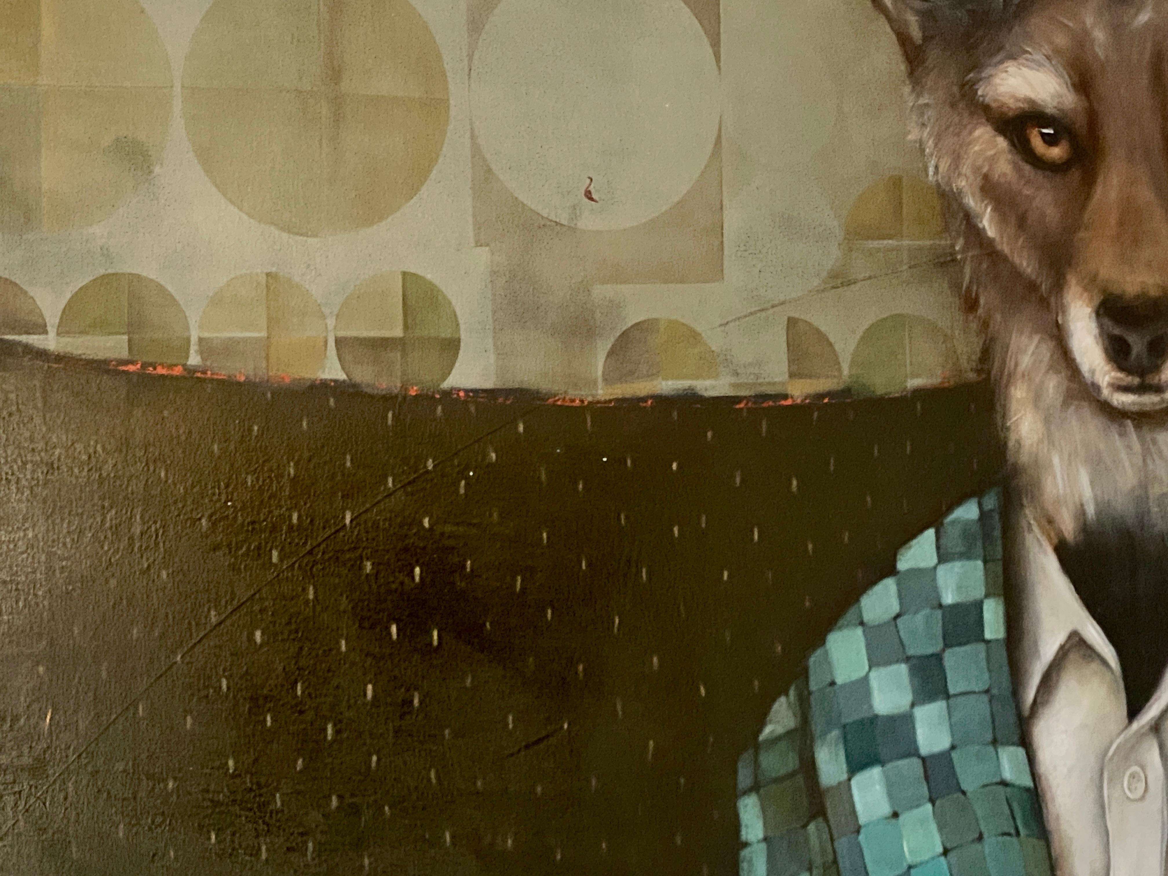 Standing Watch, the Jackal - Abstrait figuratif surréaliste d'un animal portant un costume en vente 3