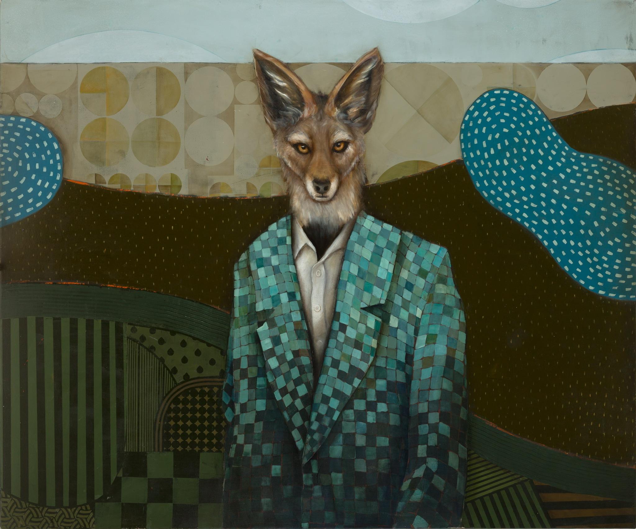 Figurative Painting Michele Mikesell - Standing Watch, the Jackal - Abstrait figuratif surréaliste d'un animal portant un costume