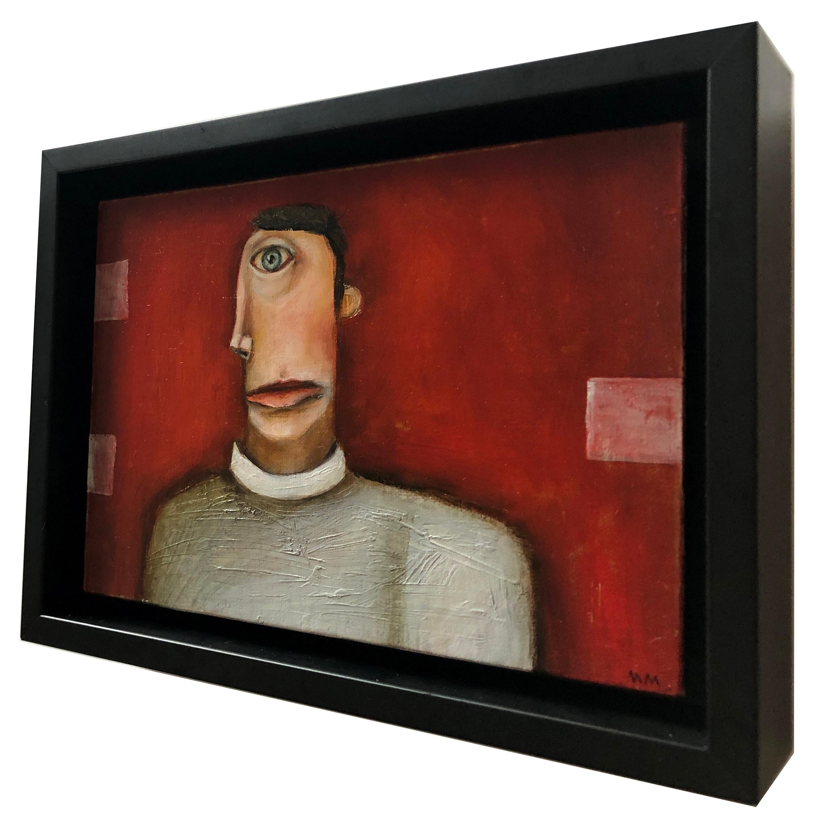 The Aboulo Maniac, Michele Mikesell, red pop figurative oil painting, framed 1