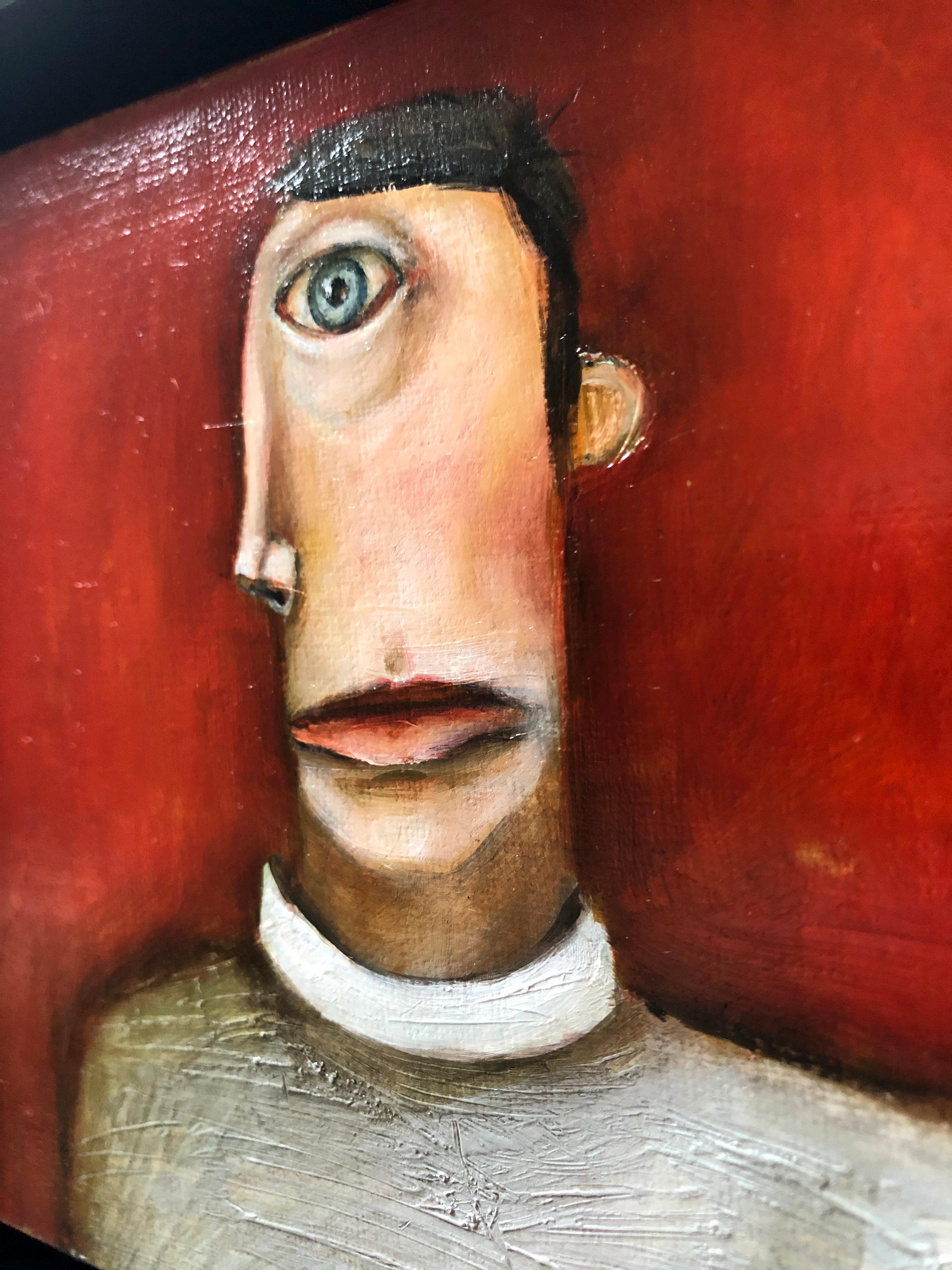 The Aboulo Maniac, Michele Mikesell, red pop figurative oil painting, framed 2