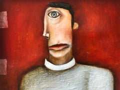 The Aboulo Maniac, Michele Mikesell, red pop figurative oil painting, framed